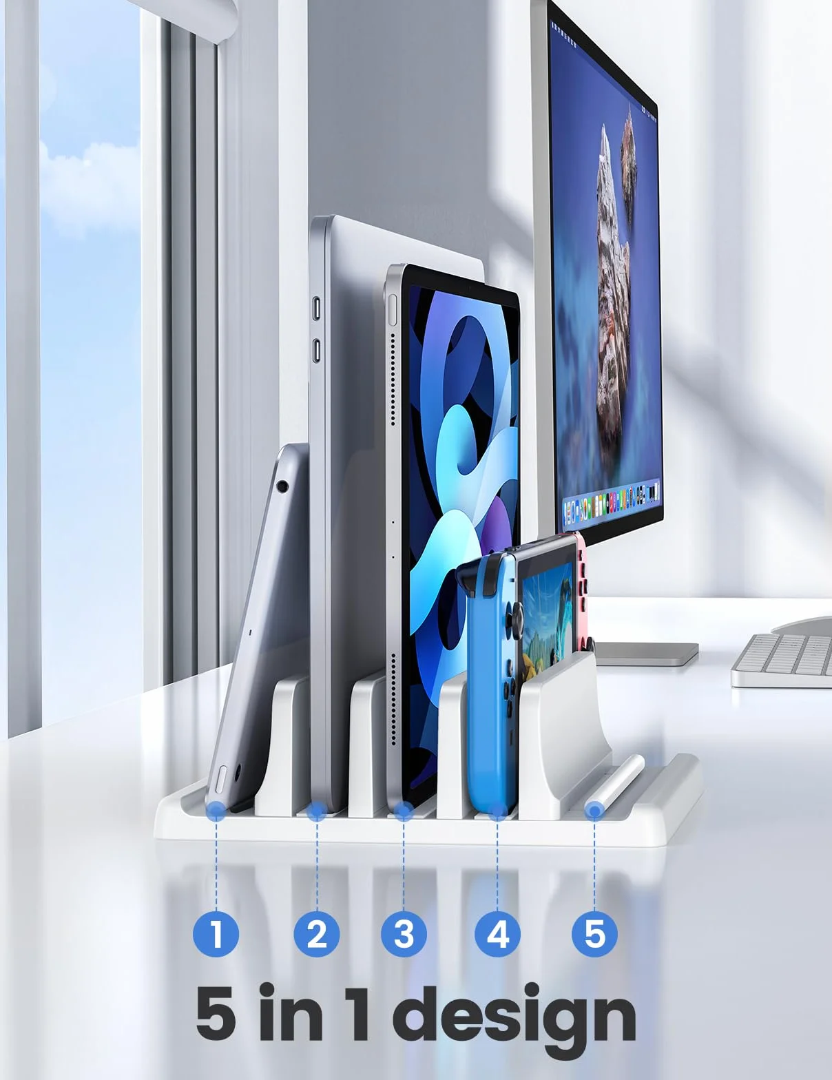 Vaydeer Stojak na laptopa z 3 przegródkami na laptopa wykonany z wysokiej jakości tworzywa sztucznego ABS, konstrukcja 5 w 1, regulowany organizer na biurko dla wszystkich
