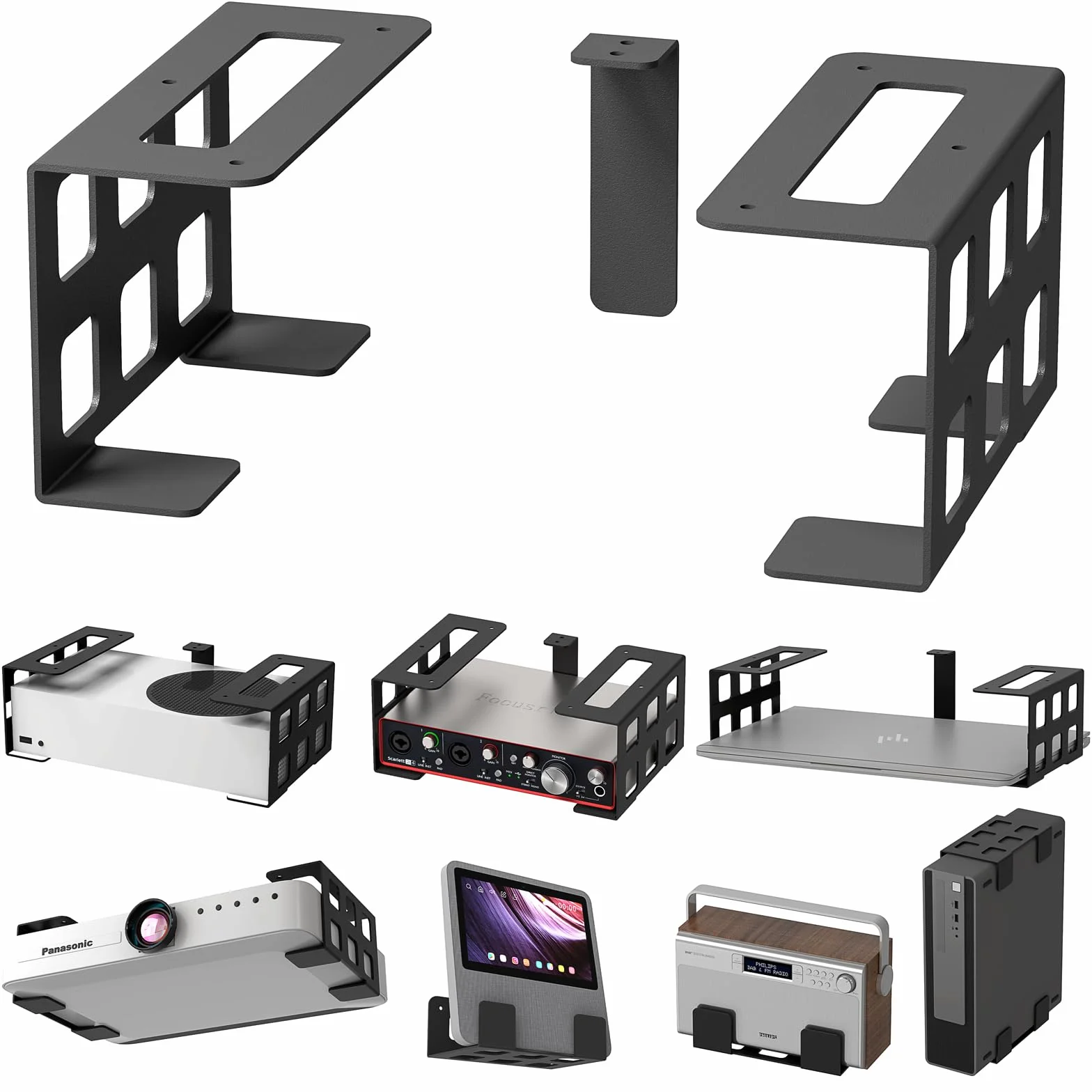 sciuU Uniwersalny uchwyt pod biurkiem/sufitem/ścianą - dla urządzeń o grubości < 9 cm / 10 kg - 2 mm stalowy uchwyt - kompatybilny z Xbox Series S, PS4, projektorem, mini komputerem, dekoderem TV
