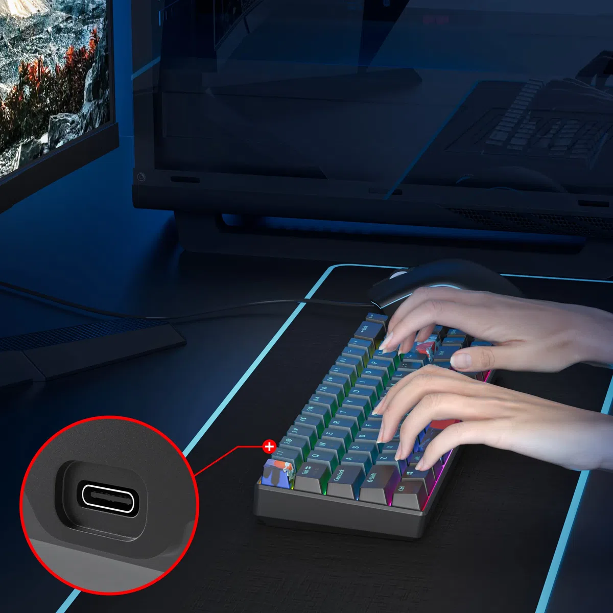 SOLIDEE 65% mechaniczna klawiatura do gier,68 klawiszy kompaktowa klawiatura przewodowa z podświetleniem RGB,Klawiatura z przełącznikiem liniowym dla komputerów z systemem Windows i Mac(68 Monstor)