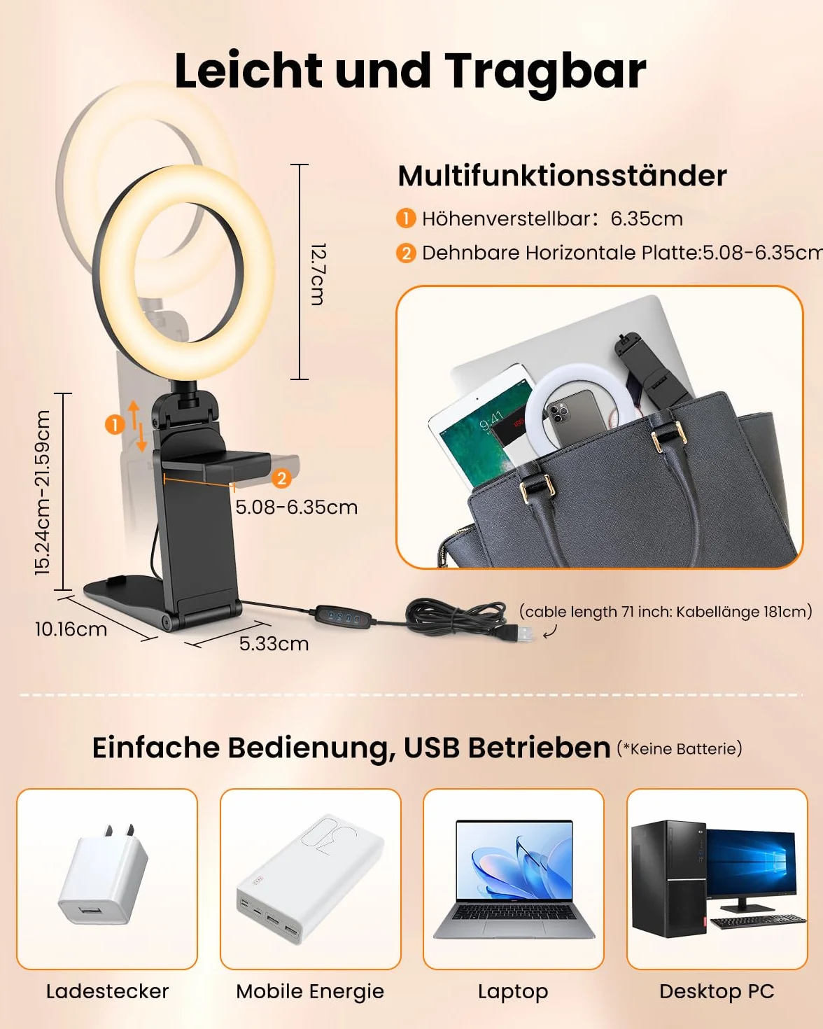 Evershop lampa pierścieniowa do laptopa, telefonu komórkowego, 5", lampa pierścieniowa ze statywem i uchwytem na telefon komórkowy, 3 kolory światła + 10 poziomów jasności, obracane o 360°