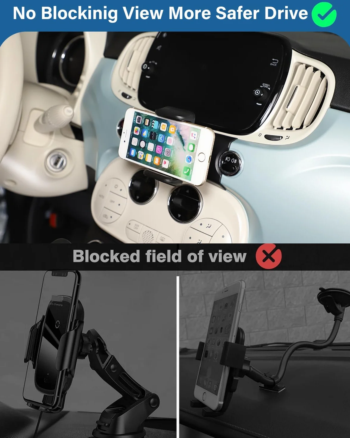 Samochodowy uchwyt na telefon komórkowy, kompatybilny z Fiat 500 2016-2024, konsola środkowa, uchwyt na telefon, obrót o 360°, stojak na telefon komórkowy, akcesoria samochodowe (Styl A)