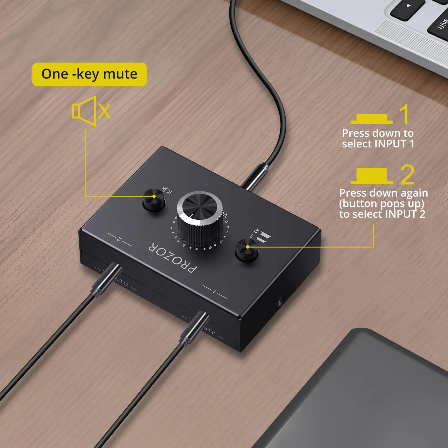 PROZOR Dwukierunkowy przełącznik audio, 3,5 mm, przełącznik audio, 2 (1) IN-1(2) Out z regulacją głośności, kabel 3,5 mm do komputera, telewizora, głośników