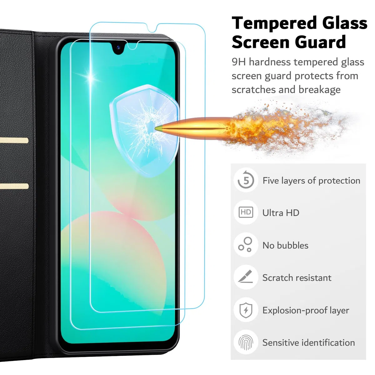Etui do Samsung Galaxy A26 5G + osłona ekranu ze szkła hartowanego * 2, [blokada RFID] Wysokiej jakości etui z klapką ze skóry PU, portfel, pokrowiec na telefon ochronny [przegródki na karty