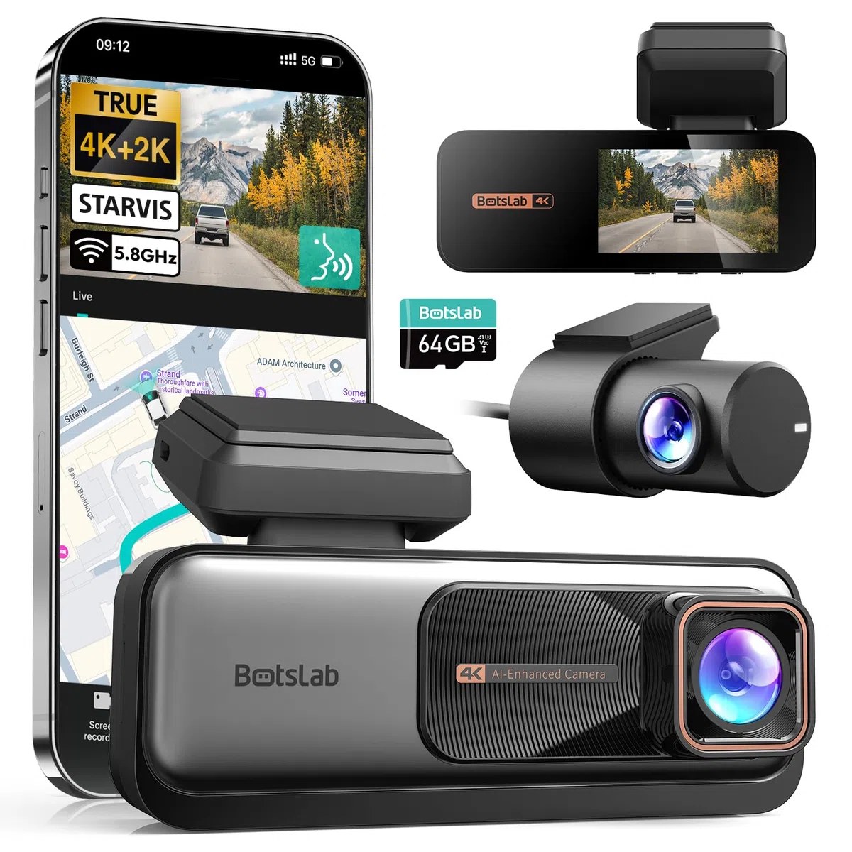 BOTSLAB 4K STARVIS kamera samochodowa z przodu, z tyłu, bezprzewodowa, WiFi, kamera samochodowa z GPS, ADAS, sterowanie głosem, bezpłatna karta 64 GB, widoczność w nocy, WDR, IPS, 2,45" IPS