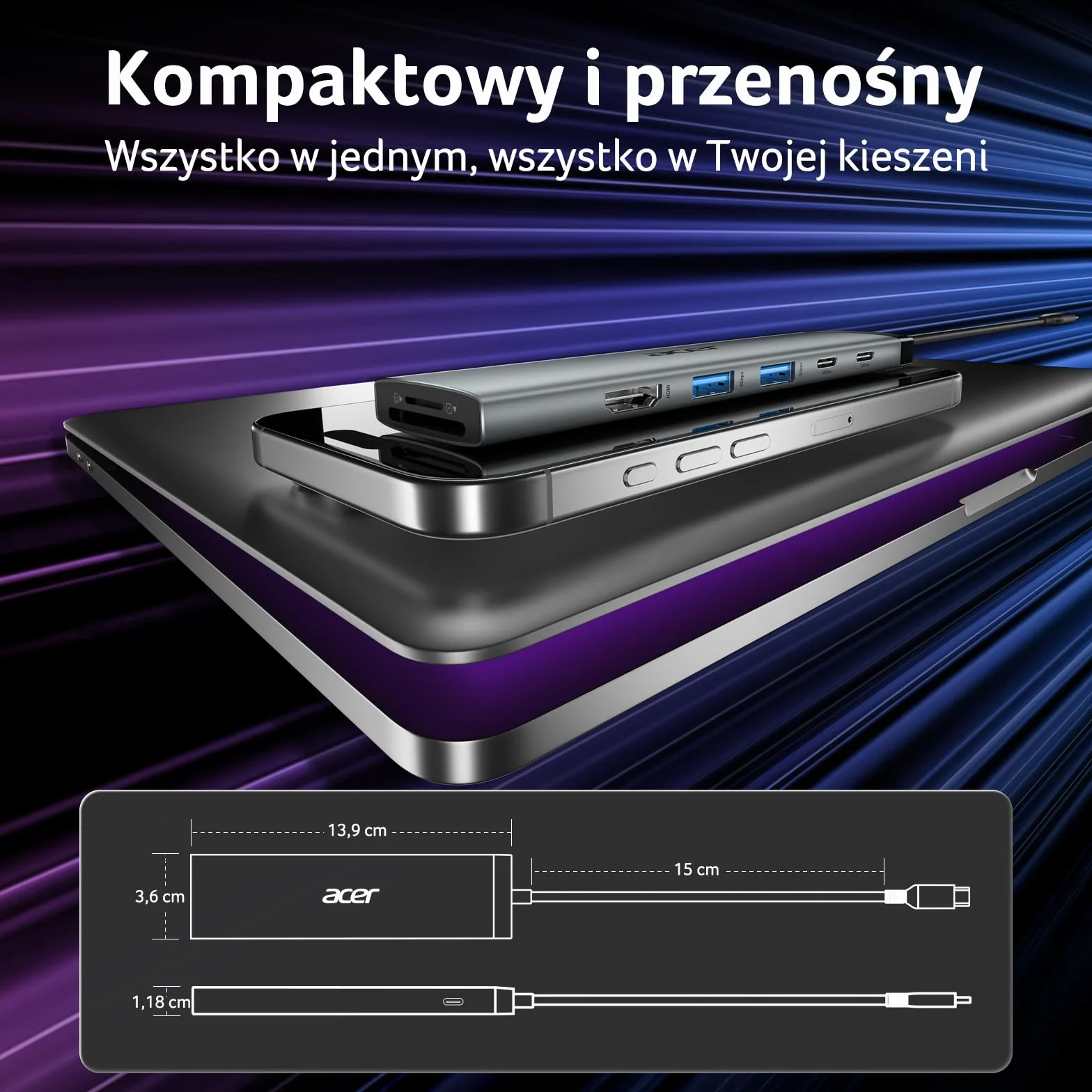 Acer 8 w 1 Hub USB-C 10Gbps Adapter USB-C do HDMI 4K@60Hz 2×USB-C 3.2 2×USB A 3.0 Port PD 100W Rozdzielacz wieloportowy typu C z czytnikiem kart SD/TF