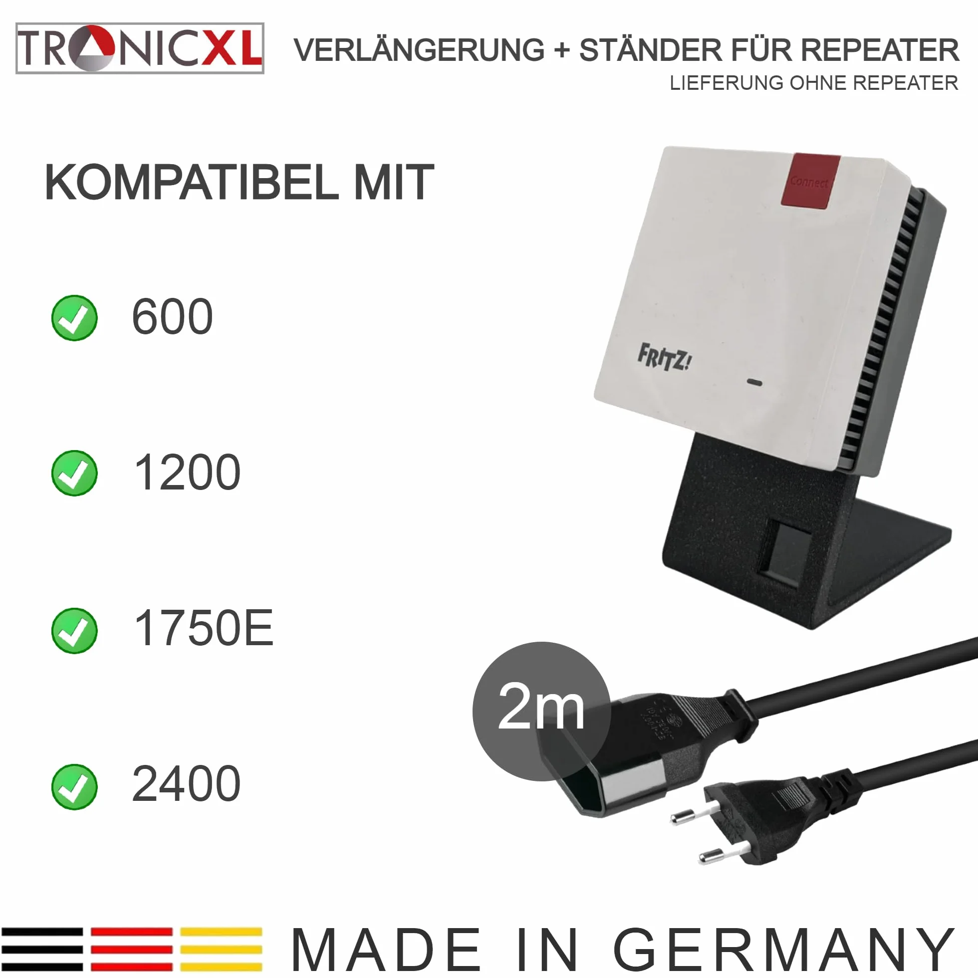 TronicXL Przedłużenie 2 m + stojak W-LAN Repeater kompatybilny z Fritz Repeater 600 1200 1750E 2400 AVM Fritz! Uchwyt 200 cm