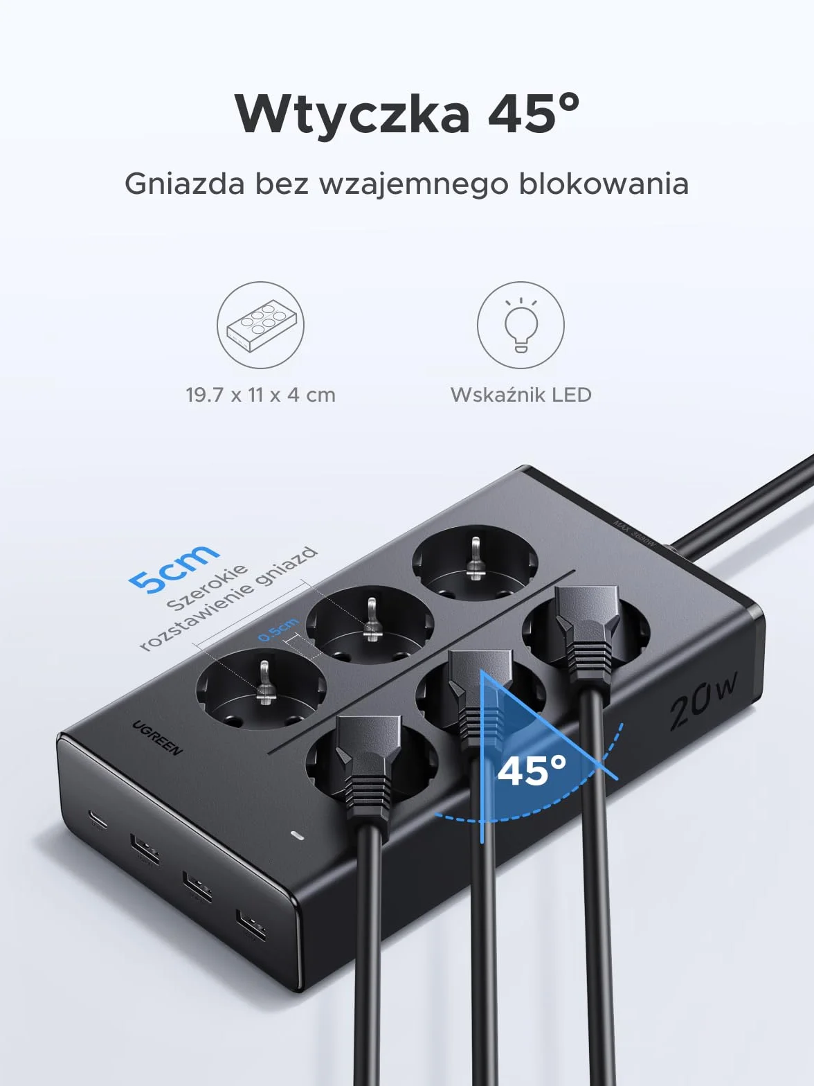 Listwa zasilająca UGREEN z gniazdem USB, gniazdko 10 w 1 z przełącznikiem, szybkie ładowanie 20 W, listwa zasilająca 3680 W z zabezpieczeniem przeciwprzepięciowym, 1,5 m, do biurek i biur