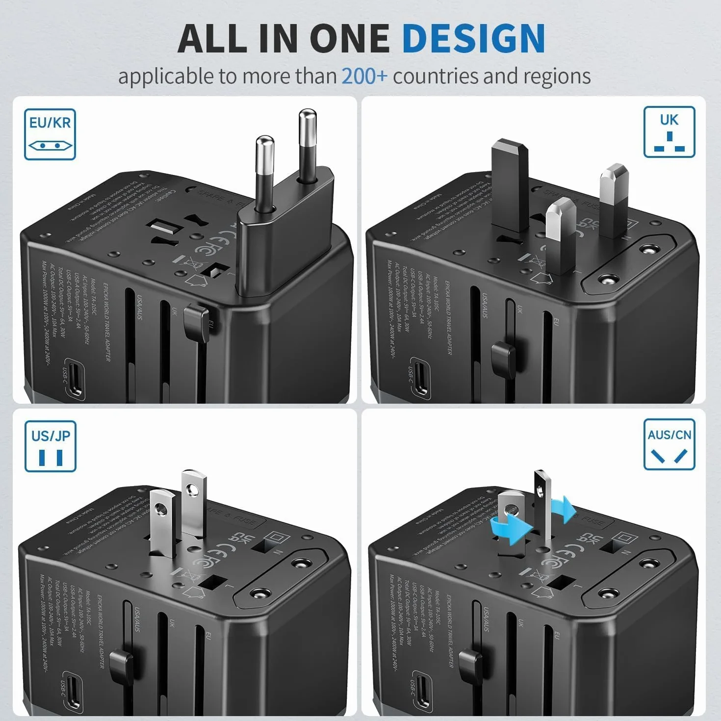 EPICKA Uniwersalny Adapter Podróżny, Adapter Podróżny na Całym świecie, Uniwersalny Adapter z 3 USB-C, 2 USB-A, Międzynarodowy Adapter do Gniazdk do Niemiec, USA, Tajlandii, Australii, Czarny