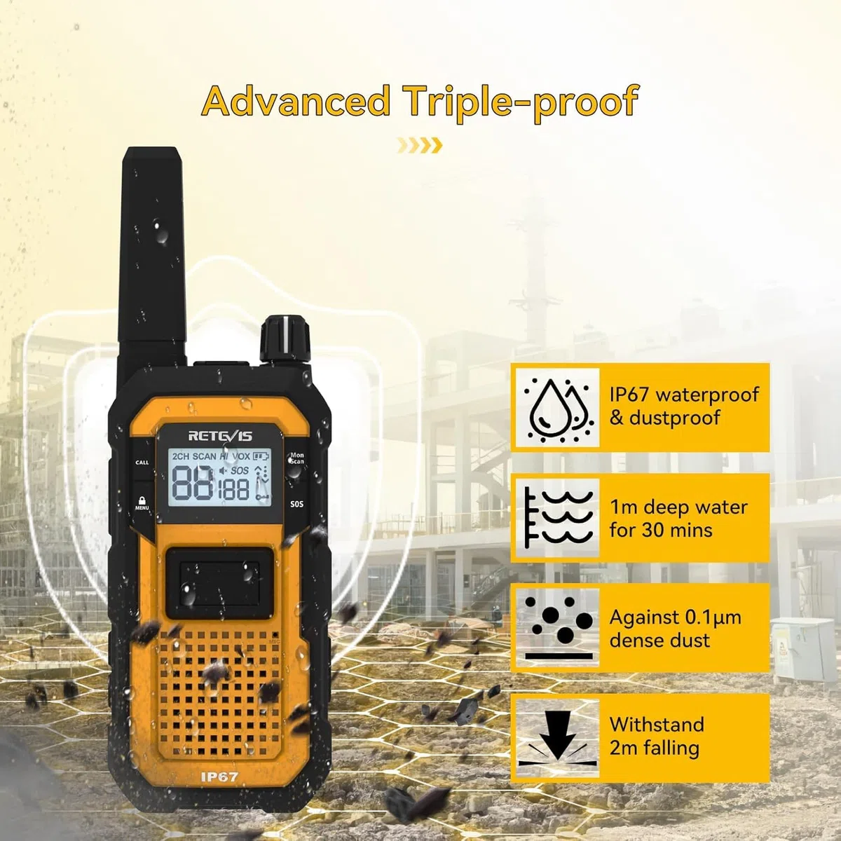 Retevis RB648 Krótkofalówka IP67, Radio Dwukierunkowe Dalekiego Zasięgu, MIL-STD-810H, Wodoodporne, Pyłoszczelne i Odporne na Upadki, Akumulator 2000 mAh, Alarm SOS, Heavy Duty, Do Przemysłu (4 Szt.)