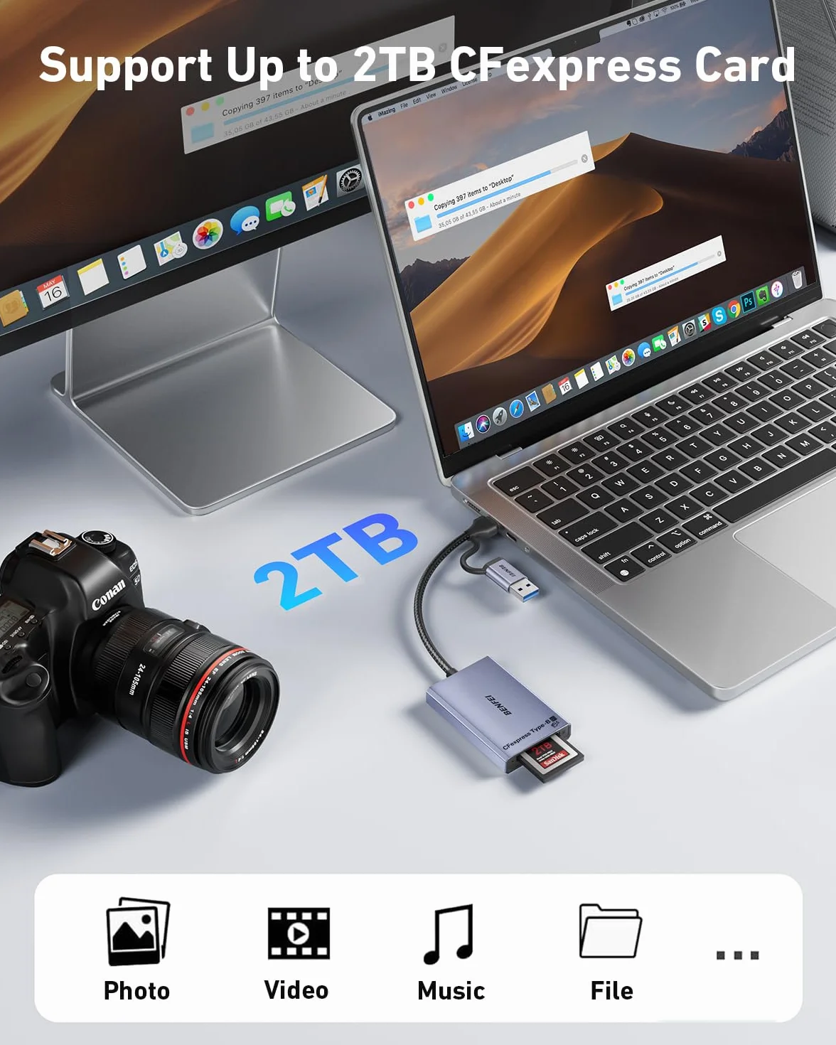 Czytnik kart BENFEI CFexpress typu B z USB 3.2 (Gen 2) 10 Gb/s, adapterem CFexpress 2 w 1 typu B USB-C i USB-A, kompatybilny z systemami Windows/Mac/Linux/Android (nie dla karty XQD)
