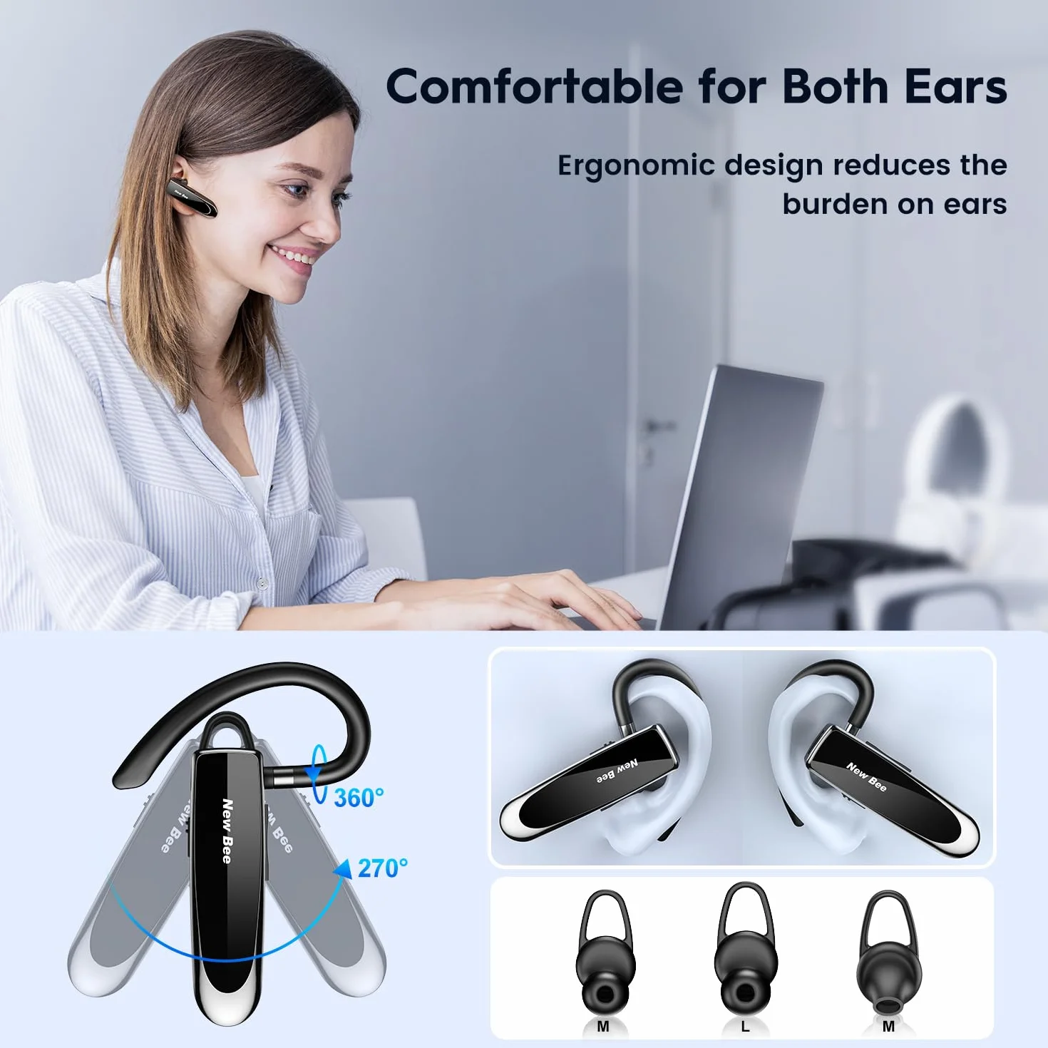 Bee Słuchawki Bluetooth V5.0 z Clear Voice Capture, do Telefonów iPhone, Samsung, Huawei, HTC, Sony itp.