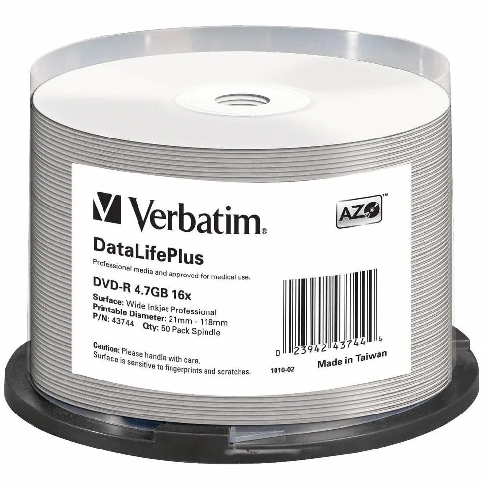 Verbatim DVD-R 16x Wide Inkjet Professional 4.7 GB, DatalifeplUS, 50 Szt, w Opakowaniu, Półfabrykaty DVD, Możliwość Drukowania, 16-Krotna Prędkość Wypalania i Długa Żywotność, Druk DVD-R, Pusty DVD