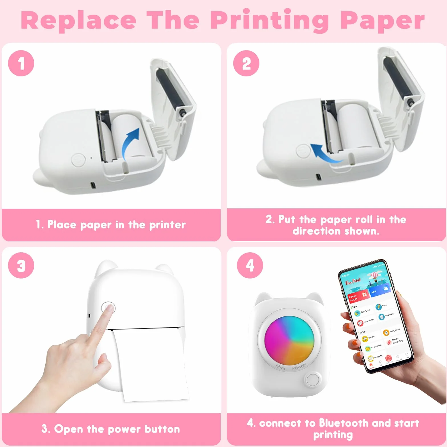 Mini Przenośna Drukarka Fotograficzna, Bezprzewodowa Natychmiastowa Drukarka Termiczna Bluetooth z 14 Rolkami Papieru, Inteligentna Drukarka Bluetooth dla iOS i Androida do Etykiet, Zdjęć
