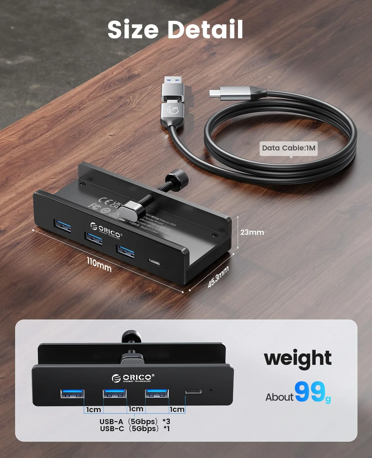 ORICO hub USB, aluminiowy hub USB 3.0 z mocowaniem 5V, 5Gbps 4-portowy rozdzielacz USB z 3 portami Typ-A 3.0 i 1 portem Typ-C 3.0, kabel 100 cm (C na A/C), do monitorów, biurek