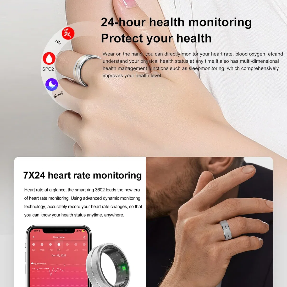 Inteligentny Pierścień Do Monitorowania Zdrowia, Inteligentny Pierścień Do Monitorowania Zdrowia, Monitorowanie Snu, Krokomierz, Wodoodporność IP68, Kompatybilny Z Systemami IOS I Android(8#)