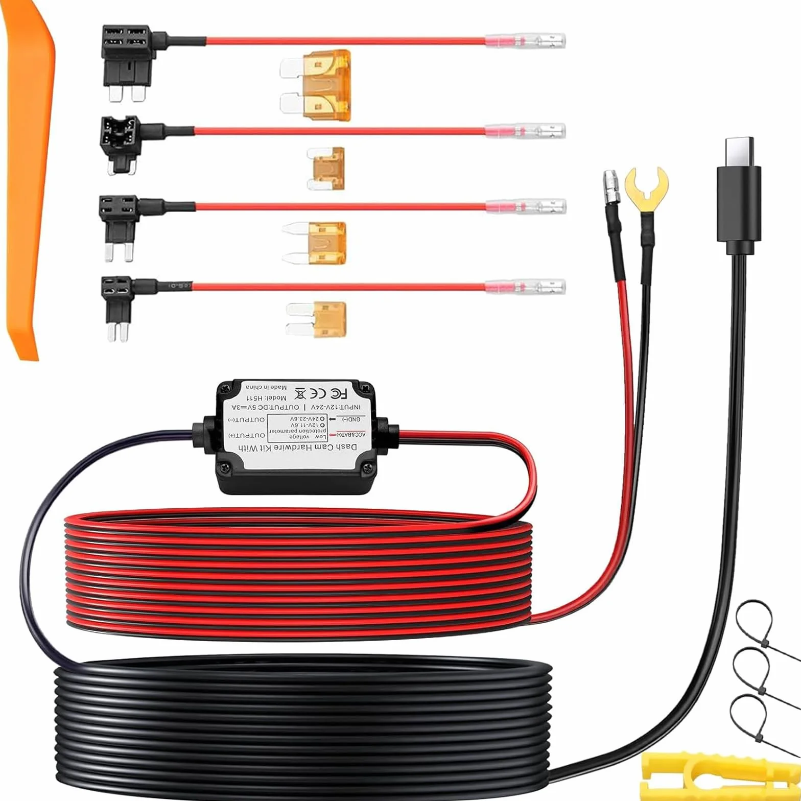 eSynic Dash Cam Hardwire Kit USB 11,5 ft kabel 12 V-24 V do 5 V Hard Wire Kit do kamery Dash z adapterem mini i Micro USB i 4 typami bezpieczników Mini/LP, ACS, ATO, Micro2