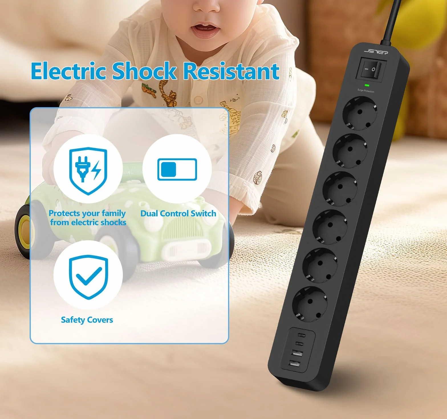 Listwa Zasilająca Surge Protector 6 Gniazd 4 Porty USB 5V3.4A 2M Czarna