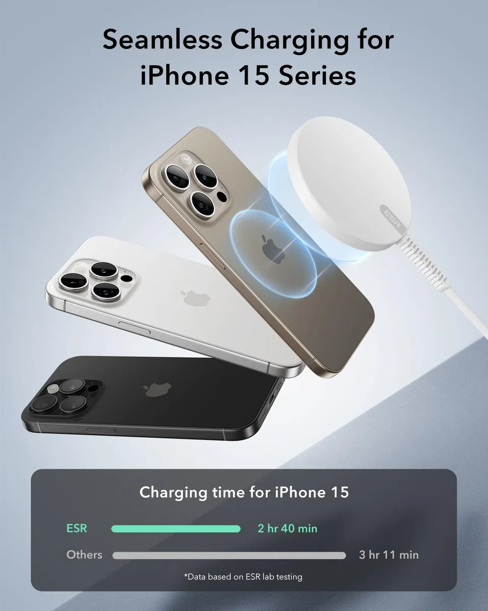 ESR Bezprzewodowa ładowarka do ładowarki MagSafe, ładowarka do telefonu, kompatybilna z iPhone 17/16/15/14/13/12, seria Galaxy S25, AirPods 4/3/AirPods Pro, mocna blokada magnetyczna, srebrna