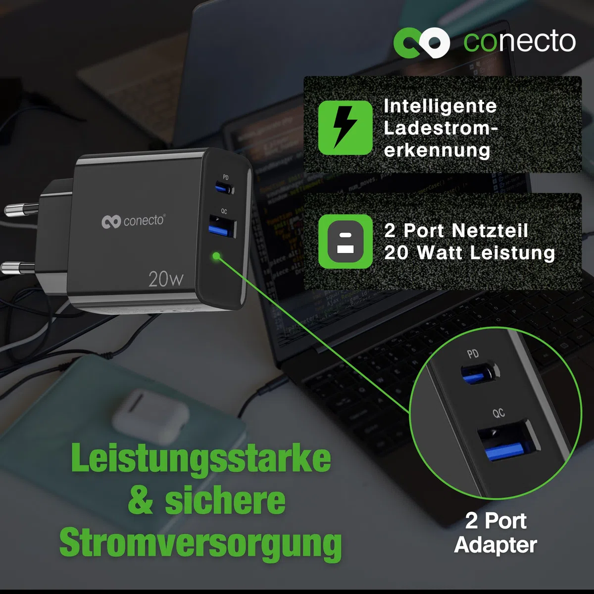 conecto Ładowarka USB C, 2-portowy adapter, zasilacz sieciowy 20 W, szybka ładowarka kompatybilna z Apple iPhone 15, Samsung, tabletem, laptopem UVM, ładowarką PD QC, czarna