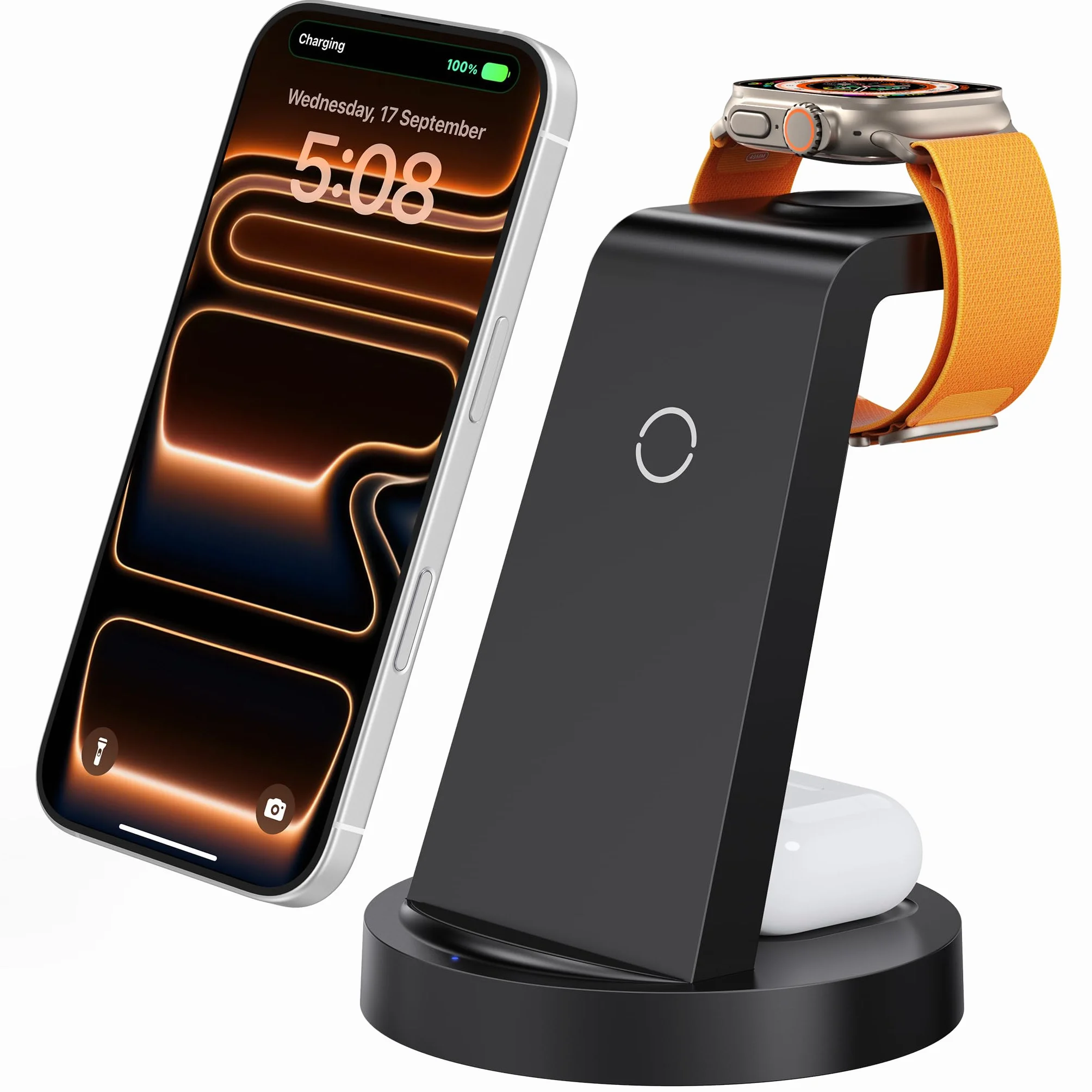 Bezprzewodowa ładowarka Stacja ładująca kompatybilna z Phone 17 Air 16e 16 15 14 13 12 11 X Pro Max & Ładowarki indukcyjne iWatch 11-2 z Pods 4 3 2 Pro z 18W Fast adapterem (Czarny)