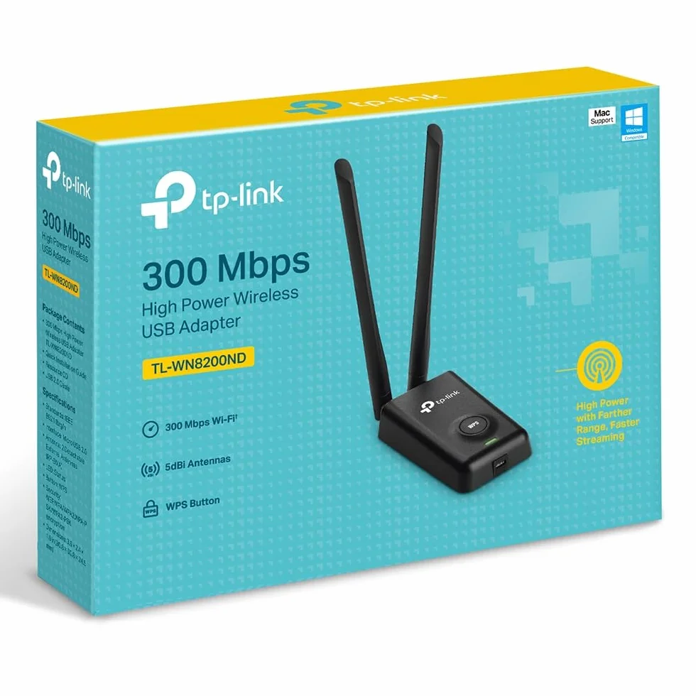 TP-Link TL-WN8200ND | Adapter USB WiFi N300 | 2× anteny 5 dBi | Wysoka moc | Obsługa Windows i Linux