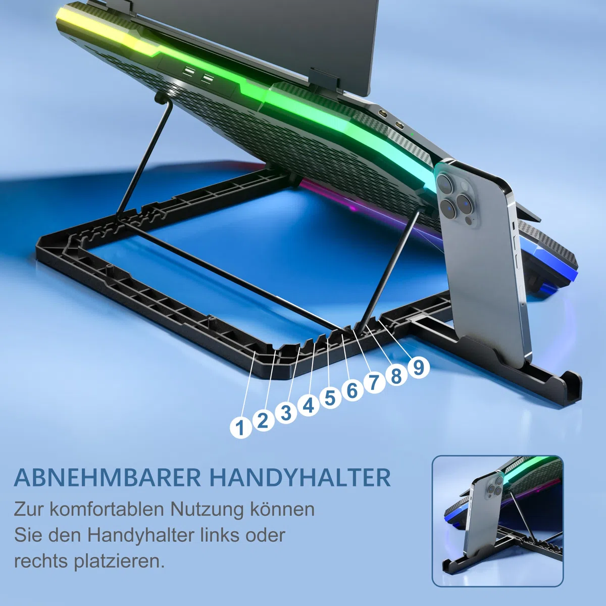 podkładka chłodząca do laptopa z 9 cichymi wentylatorami do notebooków 14-19", stojak chłodzący do gier z 6 regulowanymi prędkościami wentylatora, 10 trybów światła RGB, 2 porty USB i uchwyt na