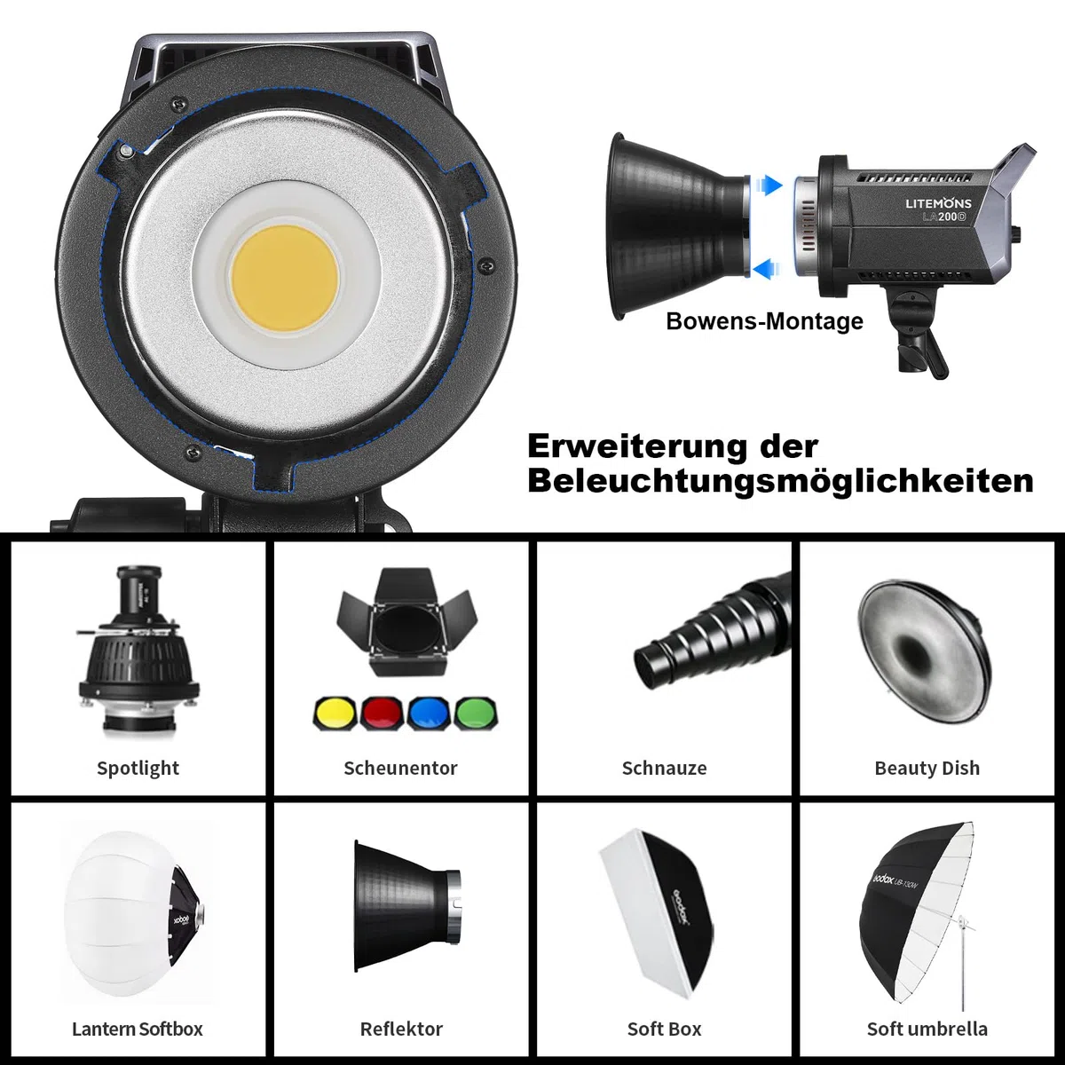 Godox LA200D 230 W LED światło dzienne lampa wideo, 5600 K CRI 96+ TLCI 97+, 101000lux@1 m, oświetlenie studyjne, fotografia z 8 efektami FX, montaż Bowens i kontrola aplikacji do transmisji na żywo,