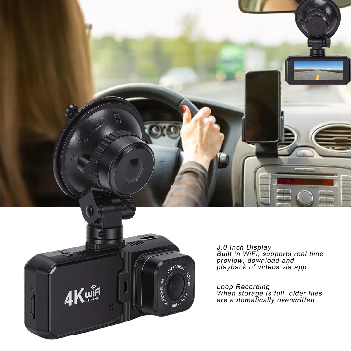 Bewinner Przednia Kamera Samochodowa 4K 1080P z Tyłu, 3-calowy Ekran WiFi i Rejestrator Jazdy Samochodem z Czujnikiem G, Tryb Parkowania, Nagrywanie w Pętli, Wykrywanie Kolizji dla Osób