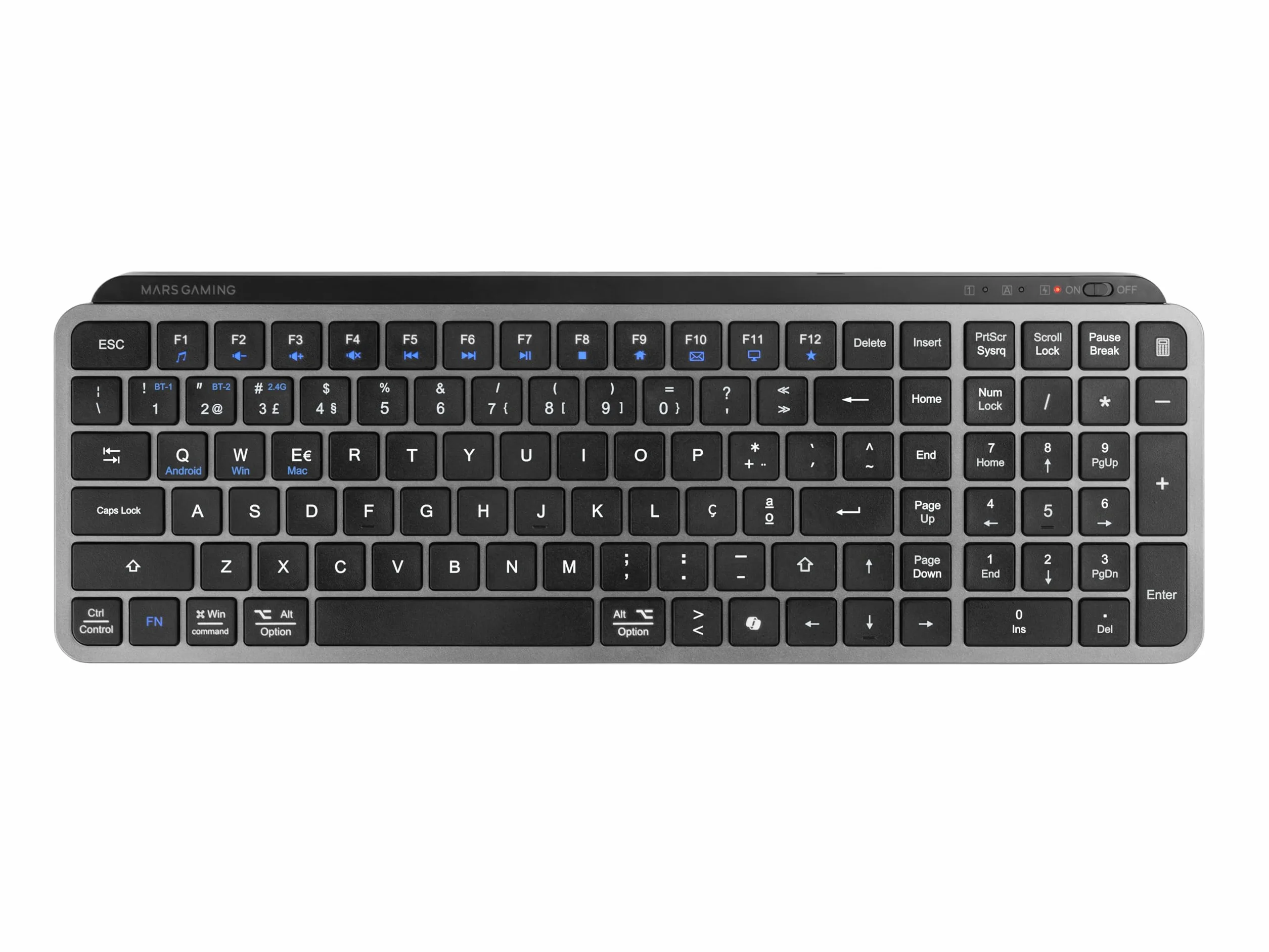 Mars Gaming MK-SILENKEYS, Bezprzewodowa Kompaktowa Klawiatura Pełnowymiarowa, Niski Profil, Ciche Przełączniki Nożycowe, Copilot AI, Bluetooth 5.1 Dual + 2.4GPRO, 200h, PC/Mac, Portugalski, Czarny