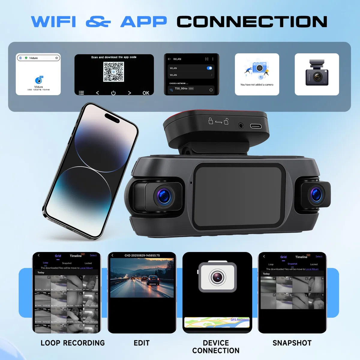 Hodozzy 4-kanałowa kamera samochodowa z Wi-Fi i aplikacją, kamera samochodowa 4K z nagrywaniem w pętli, 3" GPS z noktowizorem, czujnik G, tryb parkowania, wykrywanie ruchu, pomoc w cofaniu + karta TF