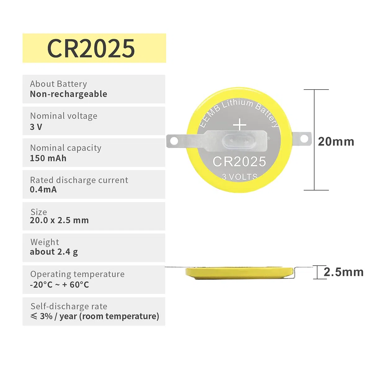 EEMB CR2025 Baterie 3V litowa Li-MnO ₂ Bateria z przyciskiem 2025 Gameboy Cartridge Battery Tabs Kolor lutowania GBC CR2025 3v Bateria litowa zamienna Gameboy Save Battery Solder Tabs(10, CR2025-LBY2)