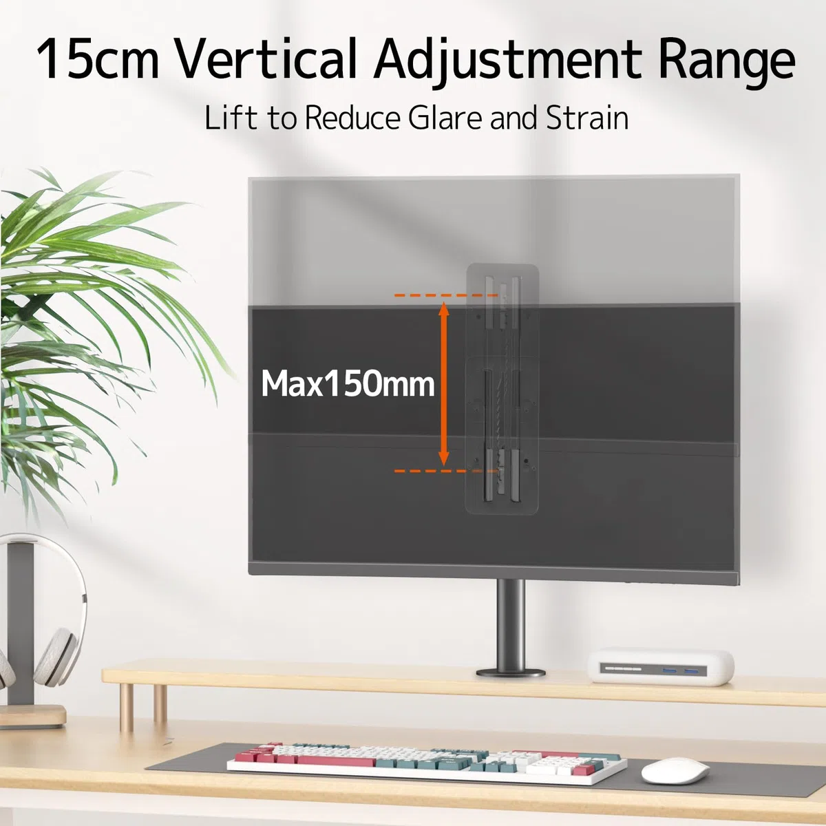 Adapter VESA z regulacją wysokości do monitorów 13-27 cali, Max. 8 kg | Uchwyt VESA z regulacją pionową 15 cm, kompatybilny z VESA 75x75/100x100 mm, czarny