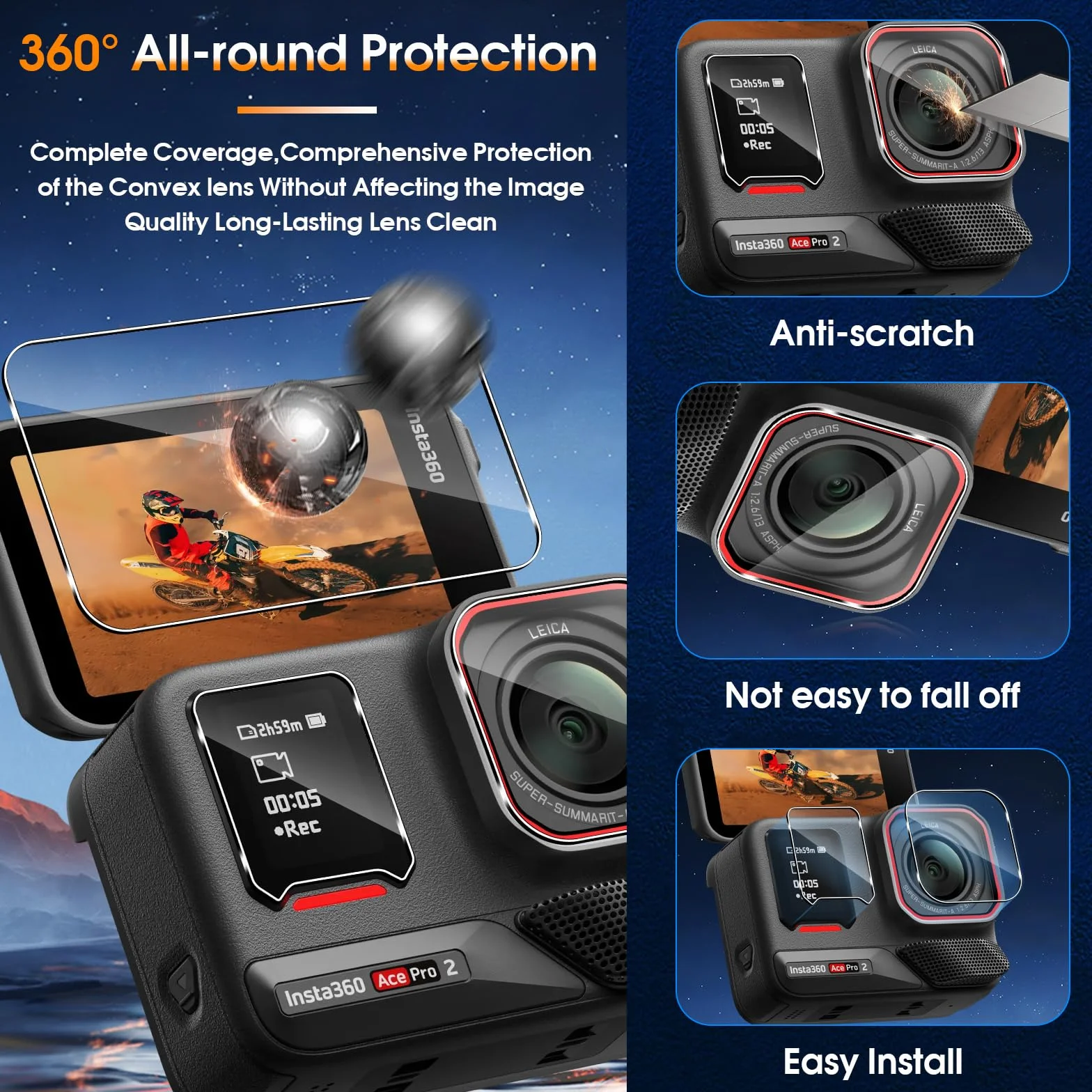 Locofun Folia ochronna do Insta360 Ace Pro 2, szkło hartowane i folia ochronna na obiektyw aparatu [2 + 2 sztuki], HD Clear Anti Scratch