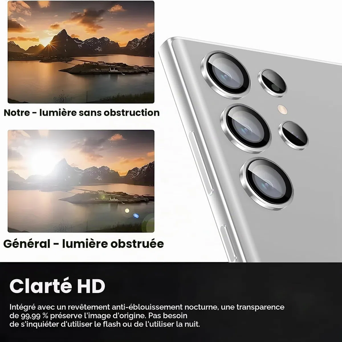 Coiwxmoi Ochraniacz na obiektyw aparatu do Samsung Galaxy S23 Ultra 5G, szkło hartowane 9H, HD przezroczyste odporne na zarysowania, aluminiowy ochraniacz na aparat 3D, srebrny