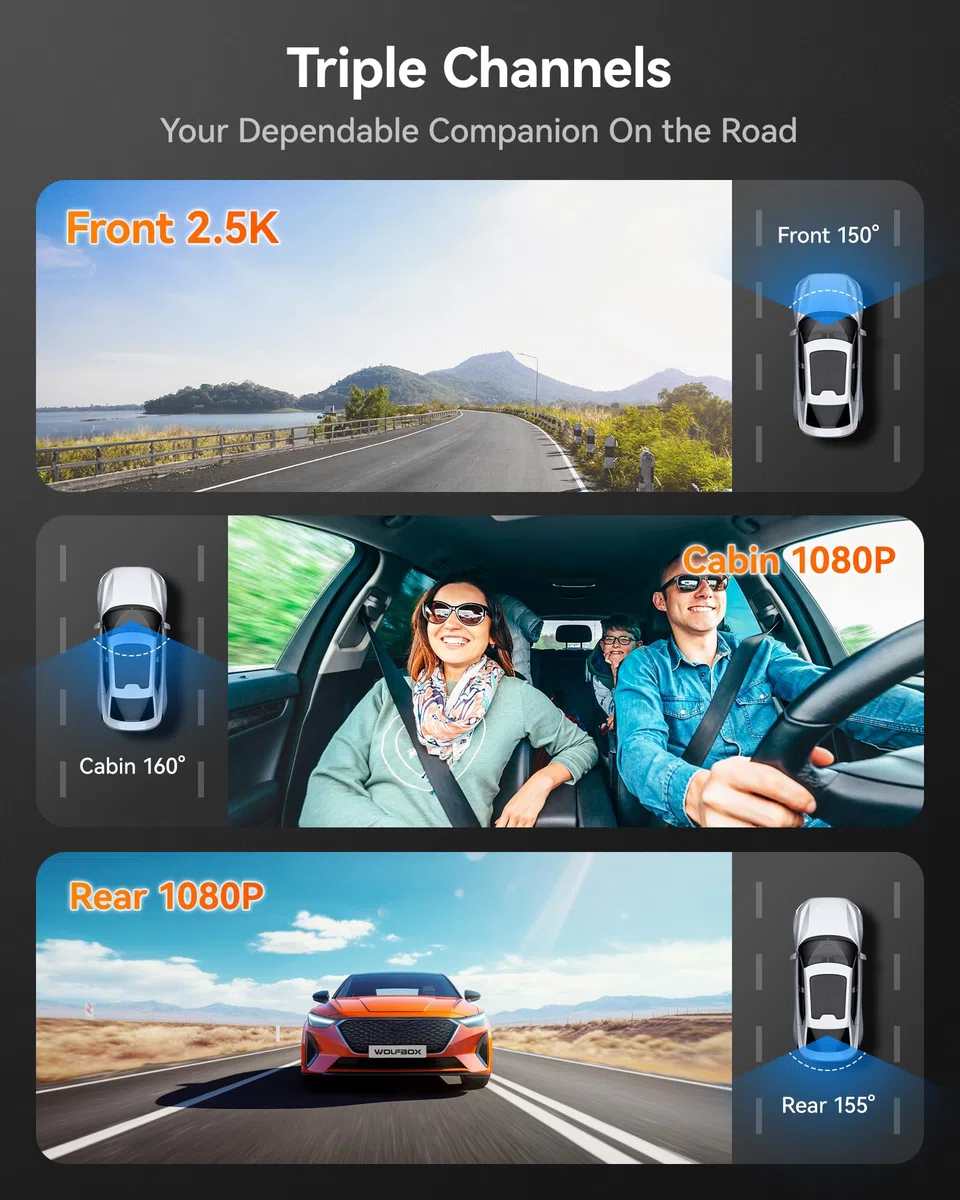 WOLFBOX i07 Kamera samochodowa, 3-kanałowa z WiFi GPS, 4K+1080p, z przodu i wewnątrz, 2.5K+1080p, 3" LCD super IR noktowizor,24-godzinny monitor parkowania, maks 512 GB"}