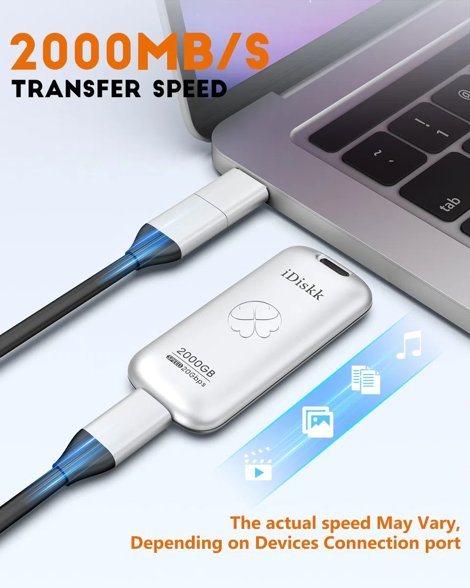 iDiskk Zewnętrzny dysk półprzewodnikowy 256 GB do 2000 MB/s, USB 3.2 Gen 2 x 2 USB-C SSD, wysokowydajny przenośny dysk SSD z kablem USB-C, kieszonkowa pamięć USB C, 2000 MB/s (srebrny)