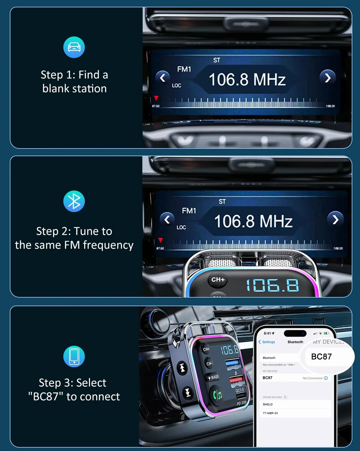 Lencent Bluetooth 5.3 nadajnik FM 48 W szybka ładowarka PD30W QC18W dźwięk Hi-Fi