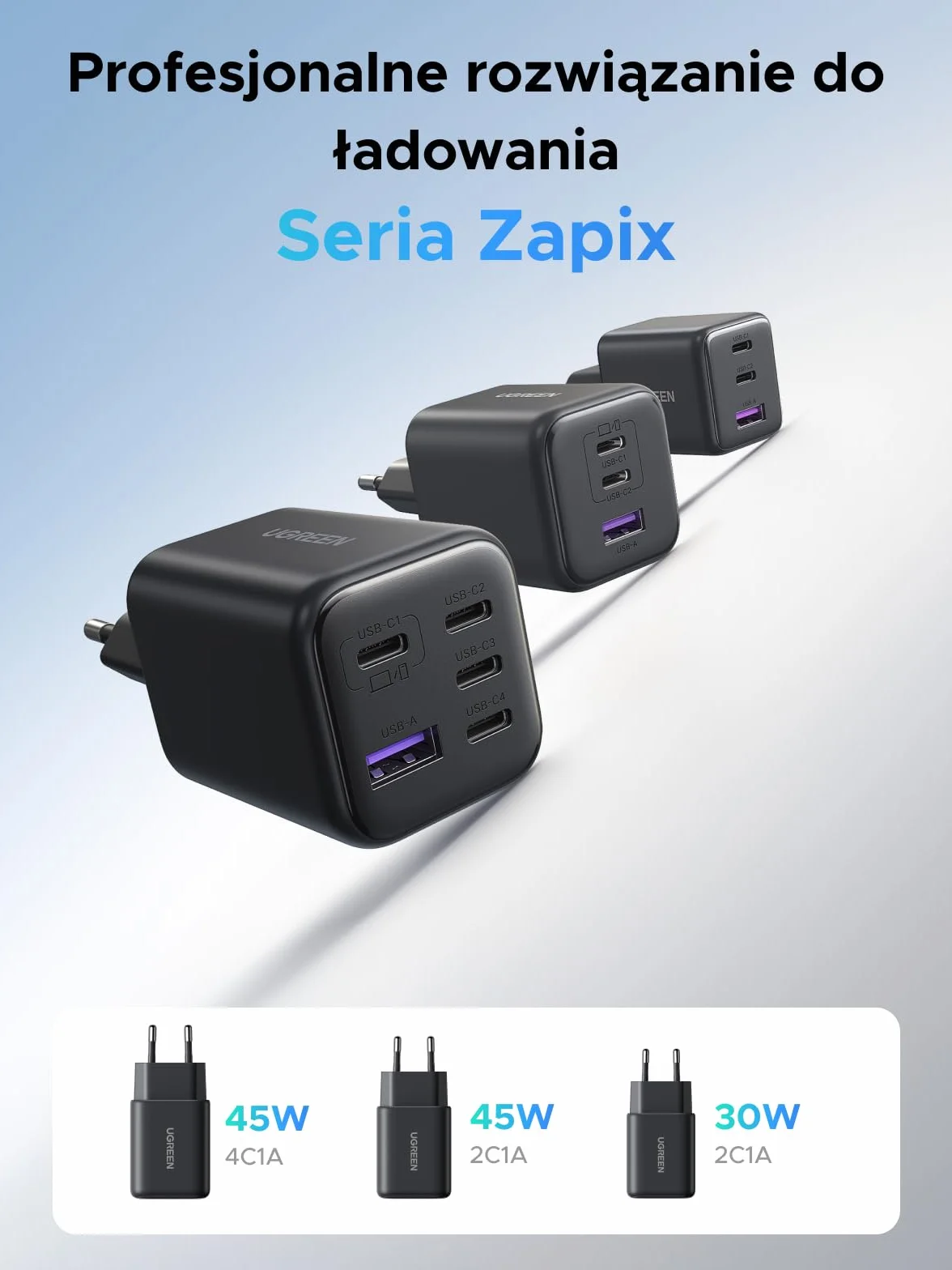 UGREEN Ładowarka USB C 45 W 5-portowa szybka ładowarka GaN Zasilacz PPS Adapter ładowarki PD Kompatybilna z Galaxy S25 Ultra, S24, iPhone 17 Pro Max, MacBook Air, iPad, Tab A8, Pixel 9