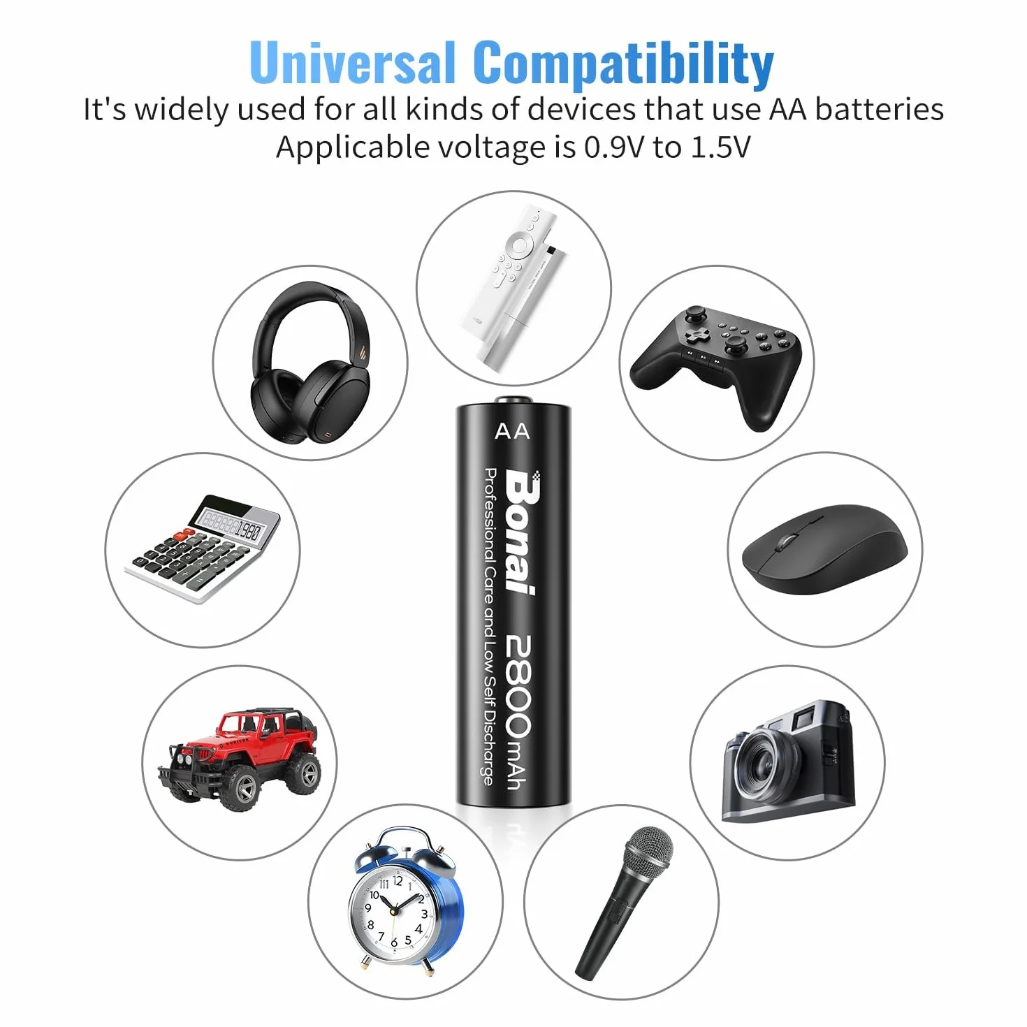 BONAI Akumulatory AA z zestawem ładowarek, 8 szt., niezależne gniazdo, szybkie ładowanie USB, wejście DC 5 V 2 A, wyjście 1,4 V 250 mA - 1000 mA