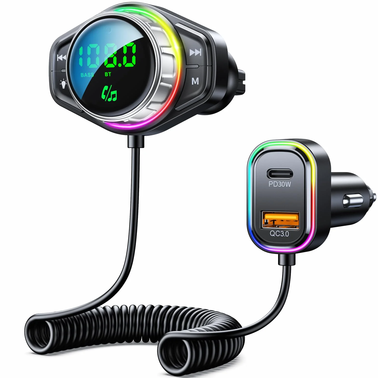 ISEYou Bluetooth Adapter do Samochodu FM 5.3 48W Podwójne USB Dźwięk HiFi Tryb Basowy Bezprzewodowe Połączenia RGB