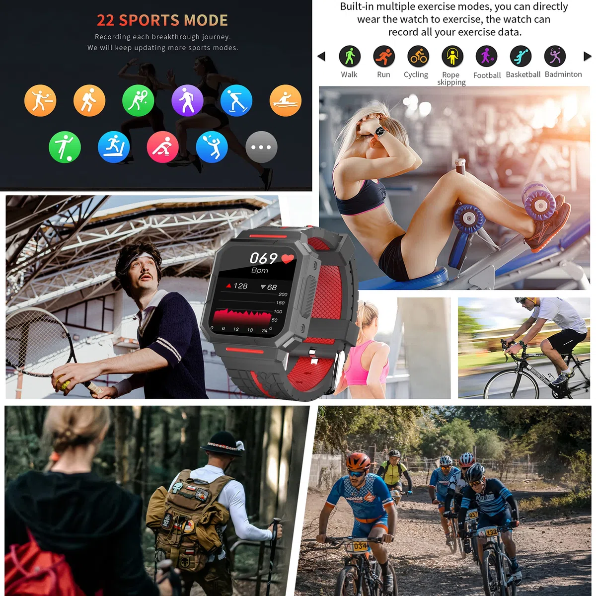 Smartwatch dla mężczyzn, 1,69 cala Wodoodporny IP68 Bransoletka Aktywność 22 Tryby Sportowe z Pulsometrem Monitora Uśpienia Monitora aktywności Stoper Kalorie Krokomierz dla Androida iOS