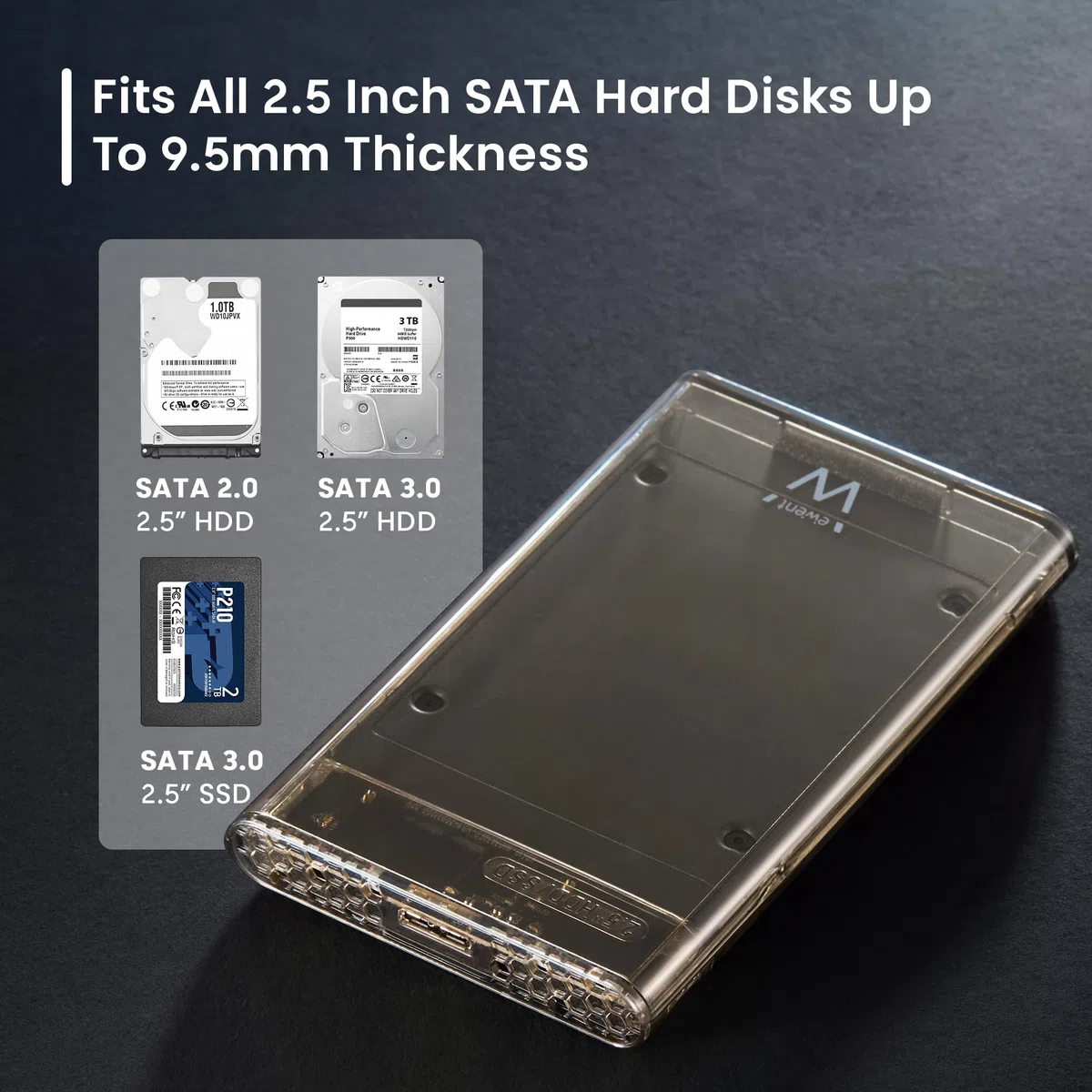 Ewent Obudowa HDD/SSD 2,5″ SATA, USB 3.2 Gen 1 (USB-A), zewnętrzna obudowa na dysk twardy 7-9,5 mm, prędkość 5 Gb/s, bez narzędzi, prędkość 5 Gbp, wskaźnik LED, do PC-Mac-PS4-Xbox, kompatybilny z