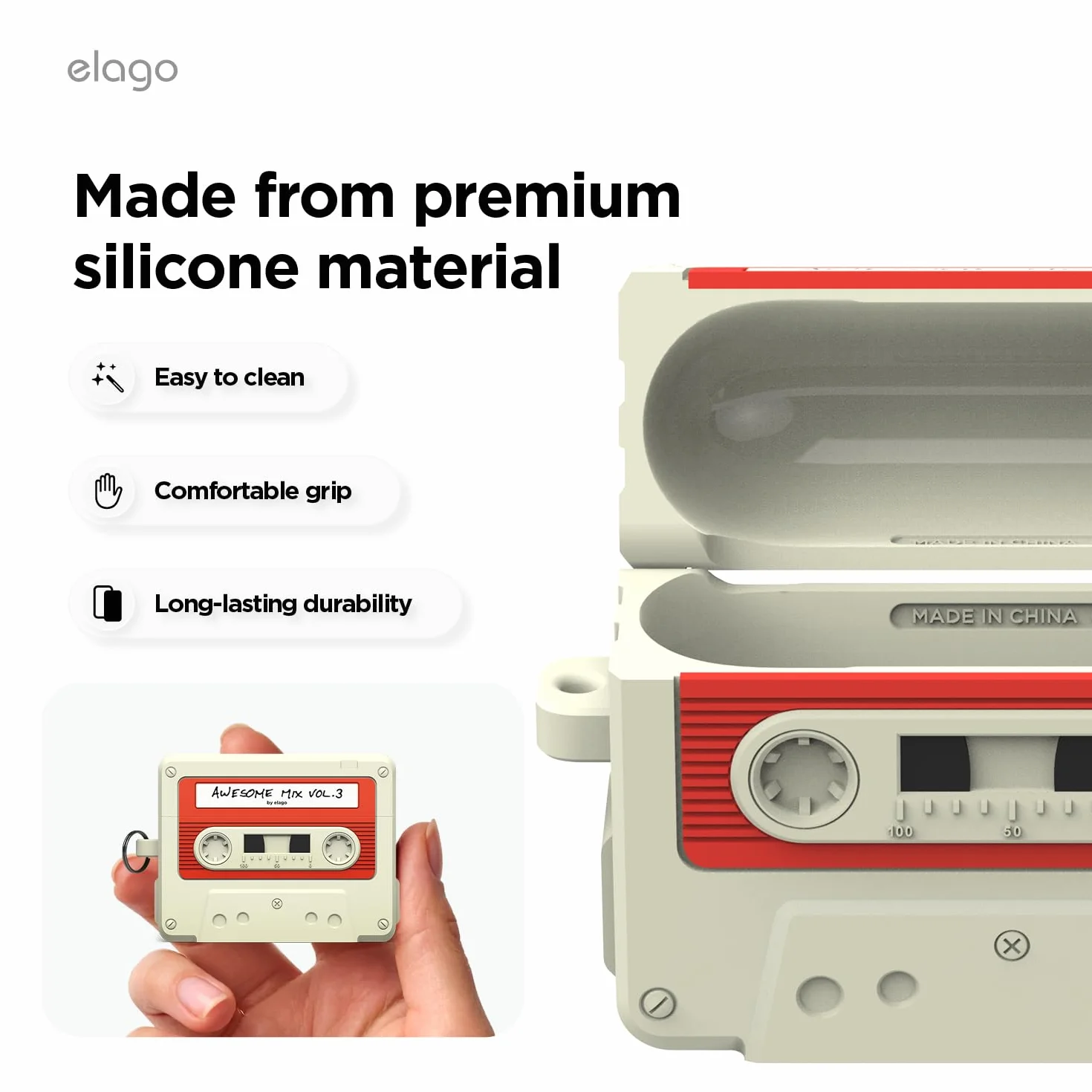 elago Etui w Kształcie Kasety Kompatybilne z AirPods Pro 3 – Z Karabińczykiem, Obsługuje Bezprzewodowe Ładowanie, Odporne na Wstrząsy, Pełna Ochrona (Classic White)