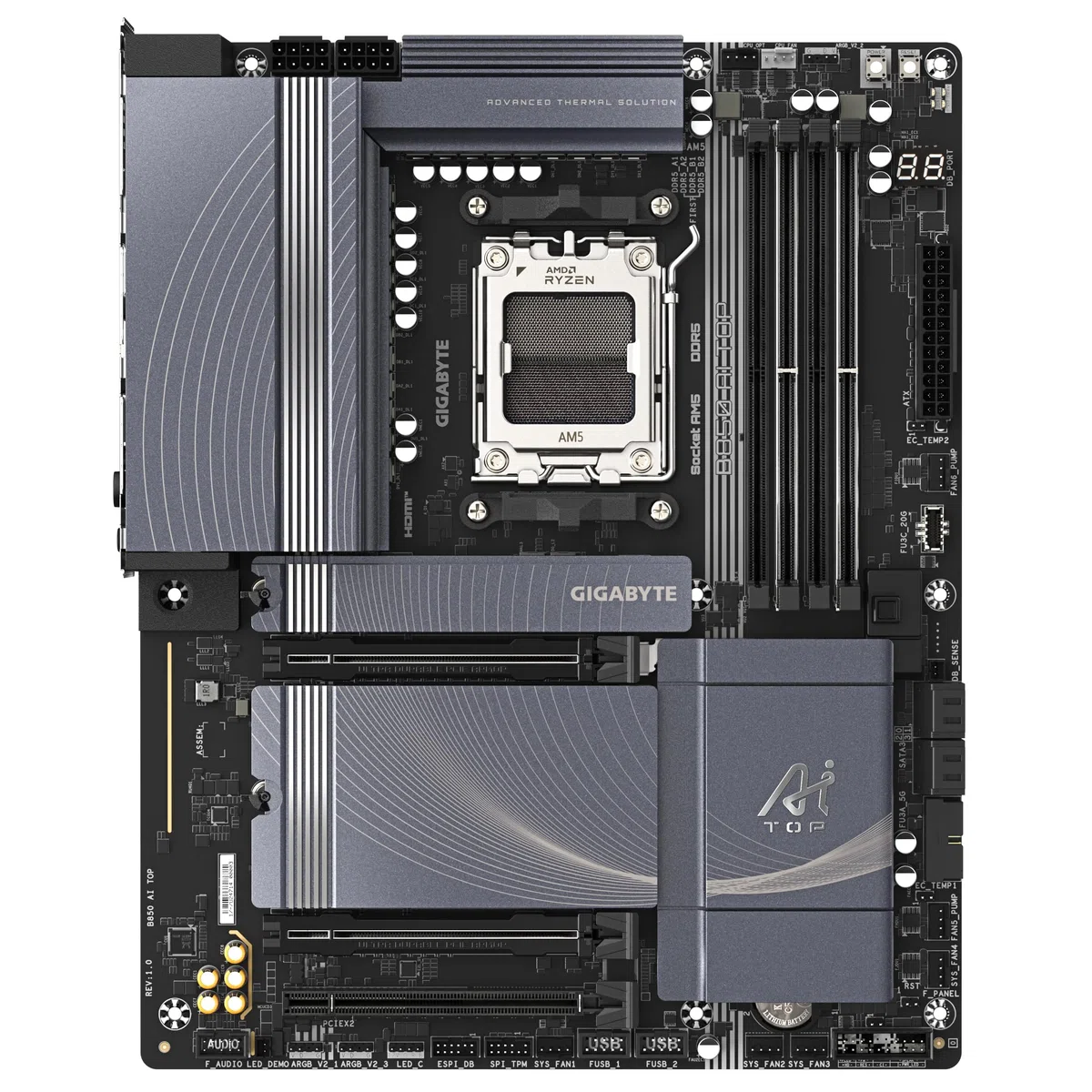 GIGABYTE Płyta główna B850 AI TOP - procesory AMD Ryzen serii 9000, 16+2+2 fazy cyfrowy VRM, do 8600 MHz DDR5 (OC), 2xPCIe 5.0 + 1 x PCIe 4.0 M.2, 10 LAN, WIFI 7, USB 3.2 Gen 2x2