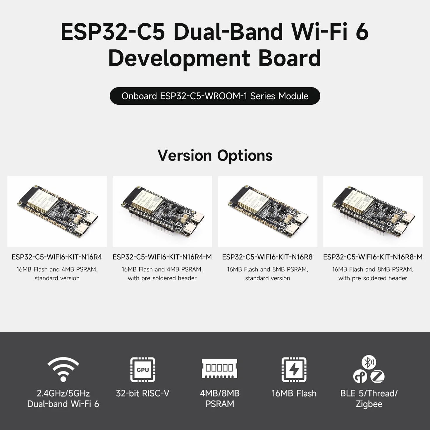 Waveshare ESP32-C5 Dual-Band Wi-Fi 6 Development Board, 16MB Flash and 8MB PStatic RAM, 240MHz RISC-V Processor, ESP32-C5-WROOM-1 Series Module, Multi-Protocol RISC-V MCU, Standard Version