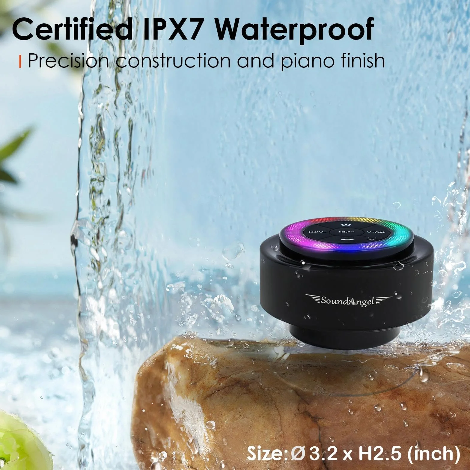 XLEADER, SoundAngel Mate Pro głośnik prysznicowy (ulepszony) certyfikowany wodoodporny głośnik Bluetooth IPX7, Big Pro Sound i głęboki bas, ze światłami RGB, przyssawką, silikonową smyczą, czas