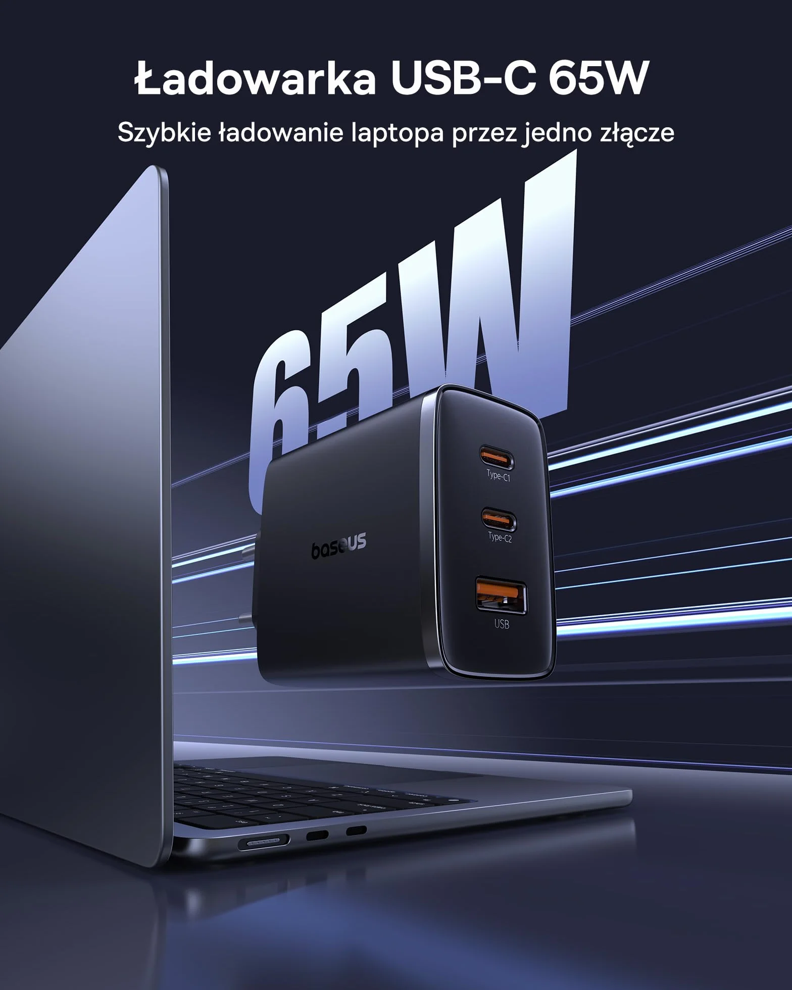 Baseus Ładowarka USB C, 65 W, zasilacz USB C, 3-portowy ładowarka PD, ładowarka z PPS, GaN szybka ładowarka kompatybilna z MacBook Pro/Air, iPhone 15/14/13/12, iPad Pro, Galaxy S23 Ultra, S23+, S23,