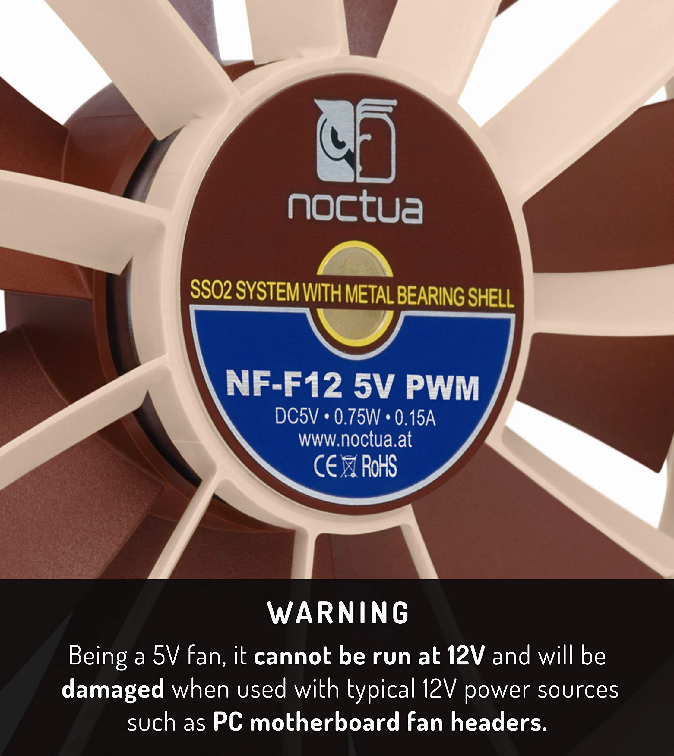 Noctua NF-F12 5V PWM, 4-Pinowy, Zasilany Napięciem 5 V Cichy Wentylator Klasy Premium z Adapterem do Zasilania Przez USB (120 mm, Brązowy)