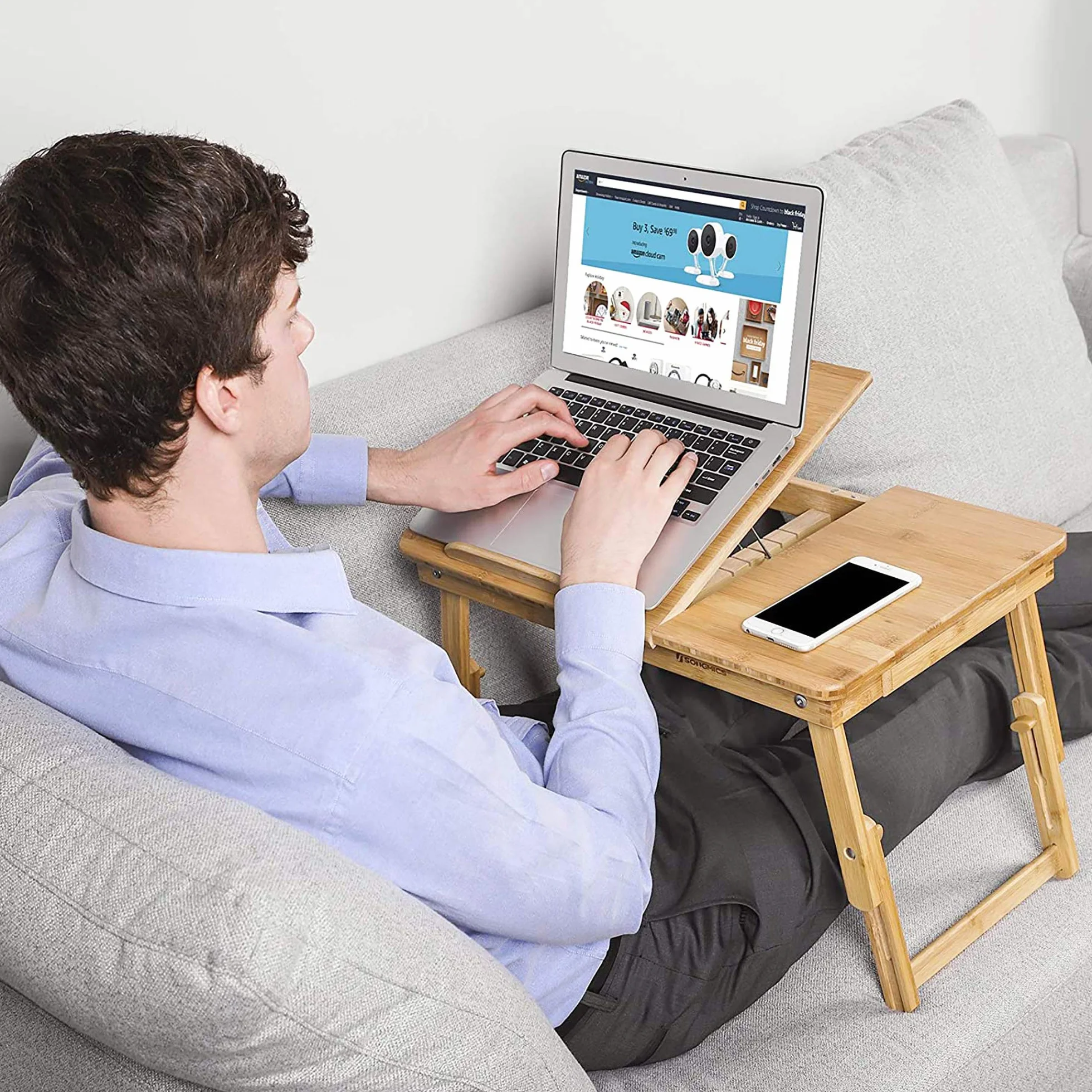 SONGMICS LLD01N stolik pod laptopa z regulacją wysokości, składany bambusowy 55x(21-29)x35 cm
