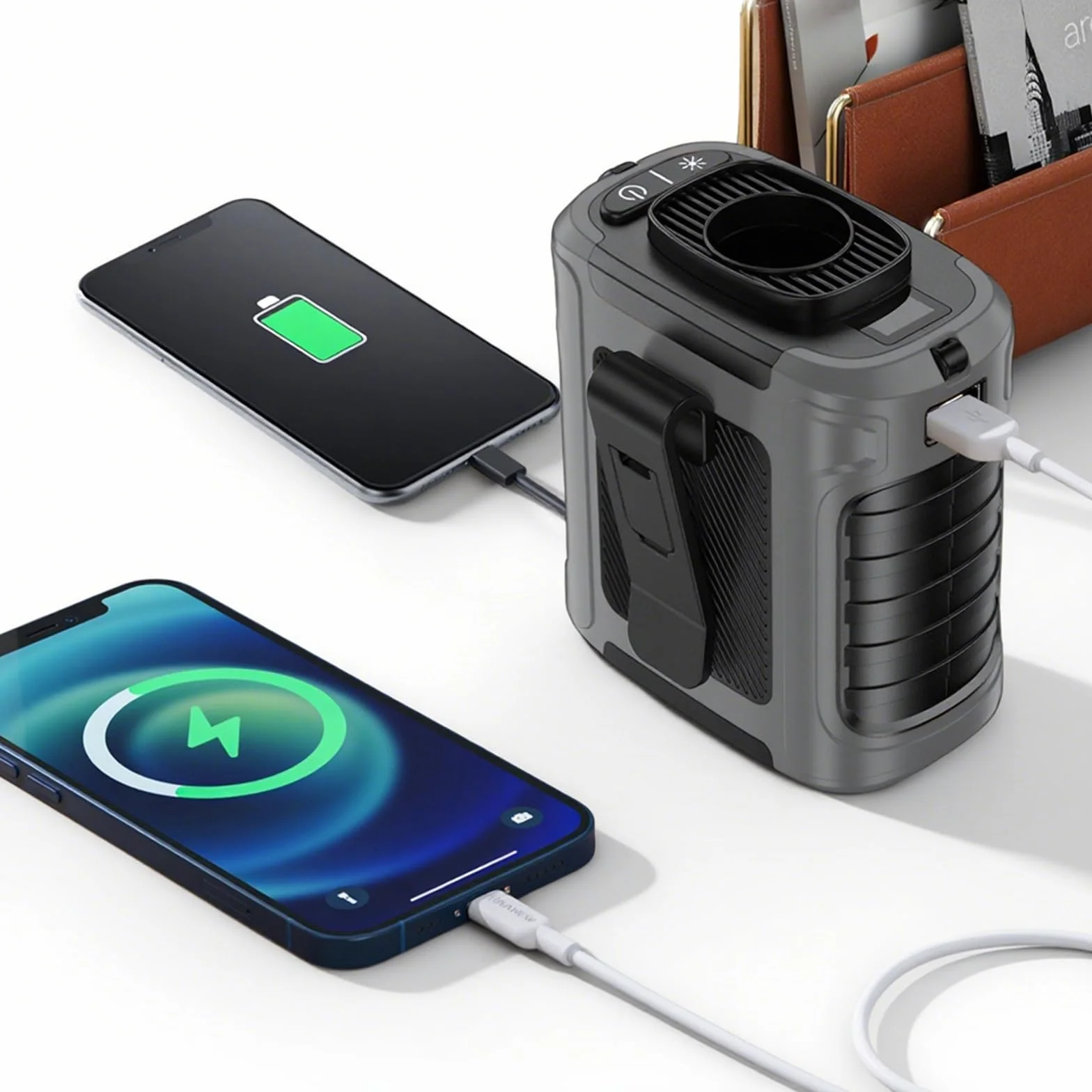 Gemmac Przenośny wentylator LED 10000 mAh, 5 prędkości, czerwone/zielone światło, klips